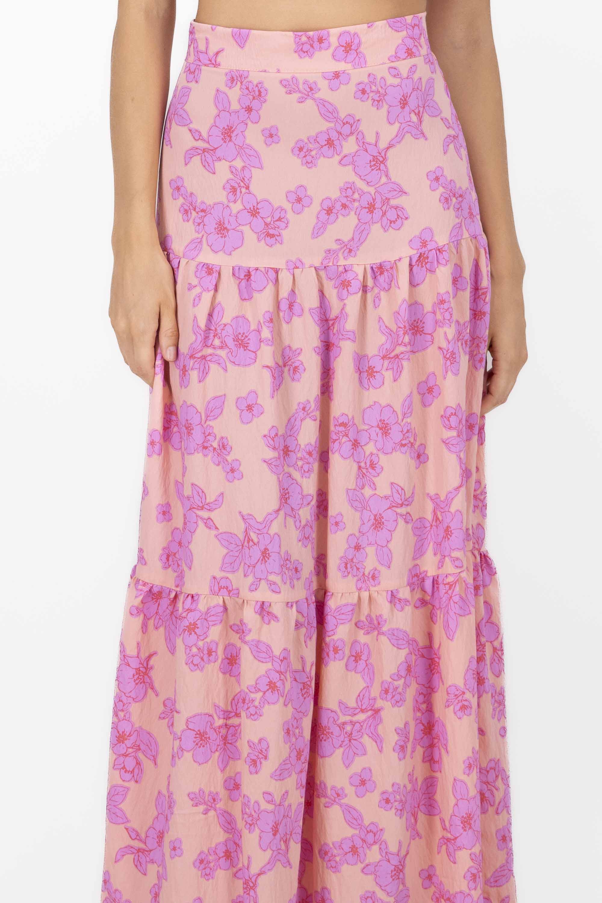 Flower Printed Ruffled Maxi Skirt PINK COMBO