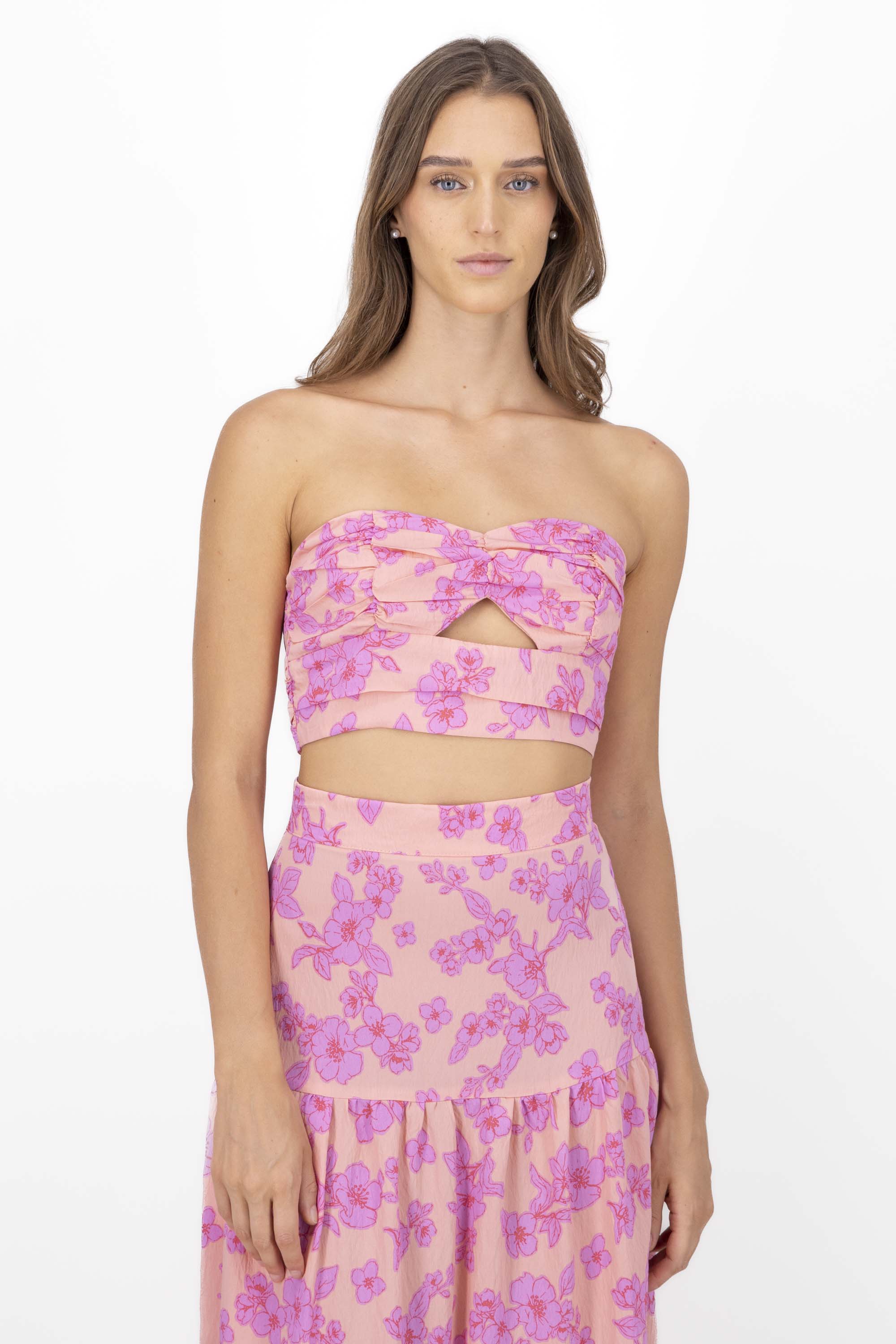 Flower Printed Strapless Top PINK COMBO