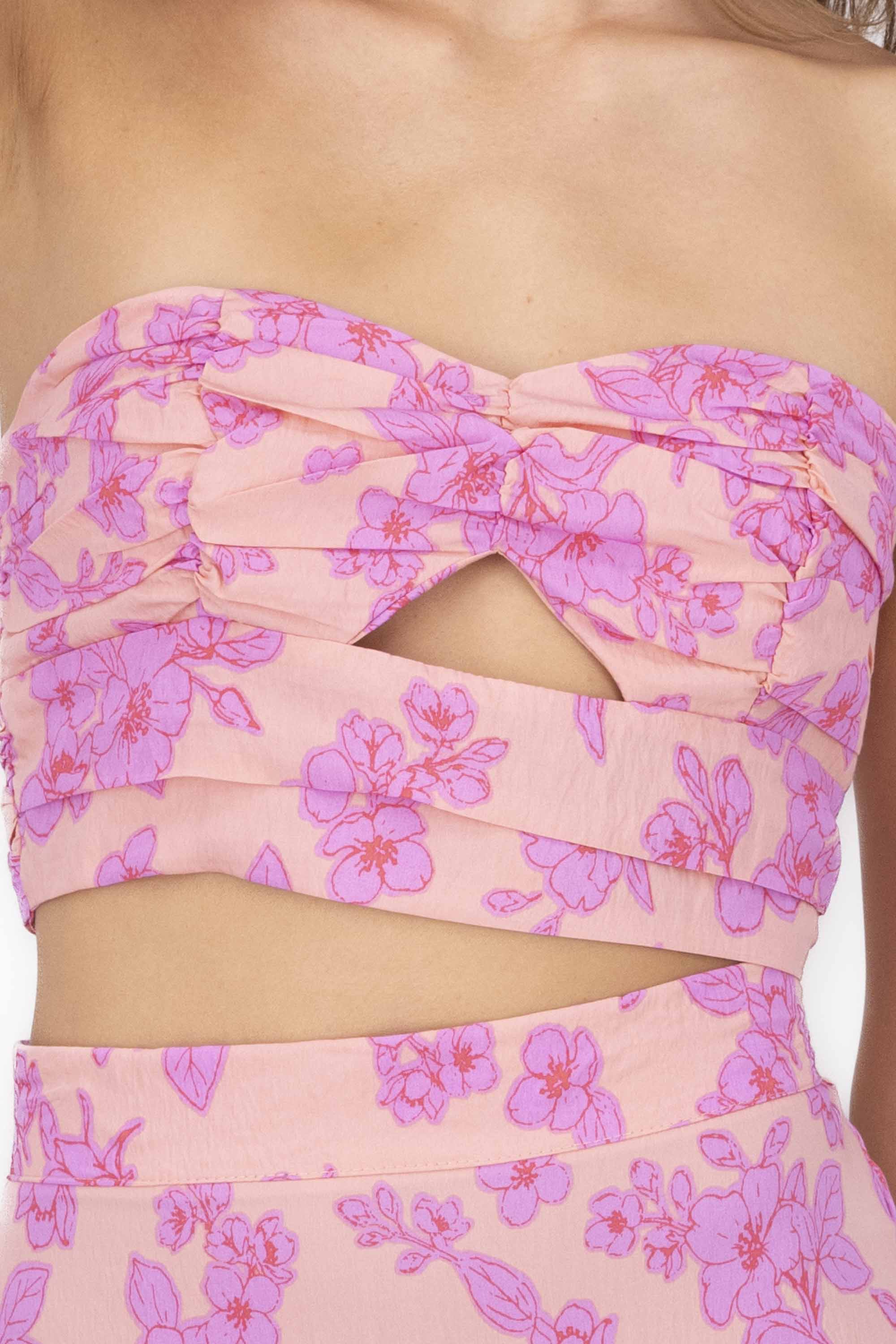 Flower Printed Strapless Top PINK COMBO