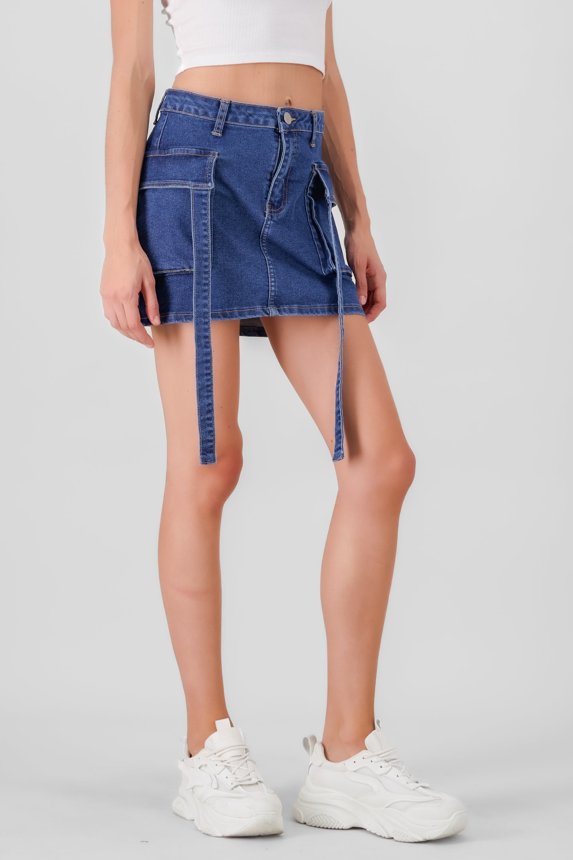 Denim Mini Skirt with Straps Detail LIGHT STONE