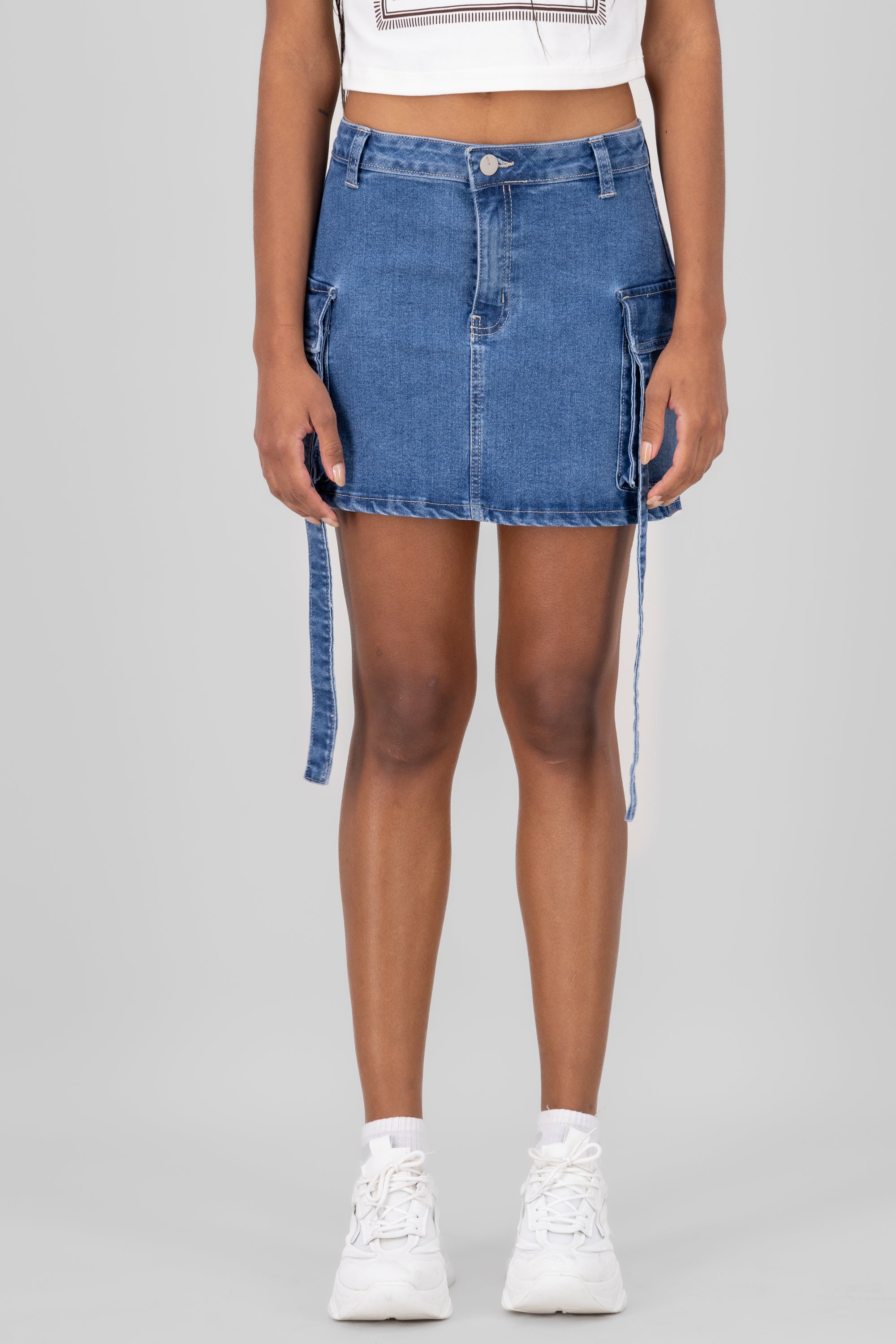 Denim Mini Skirt with Straps Detail MEDIUM STONE