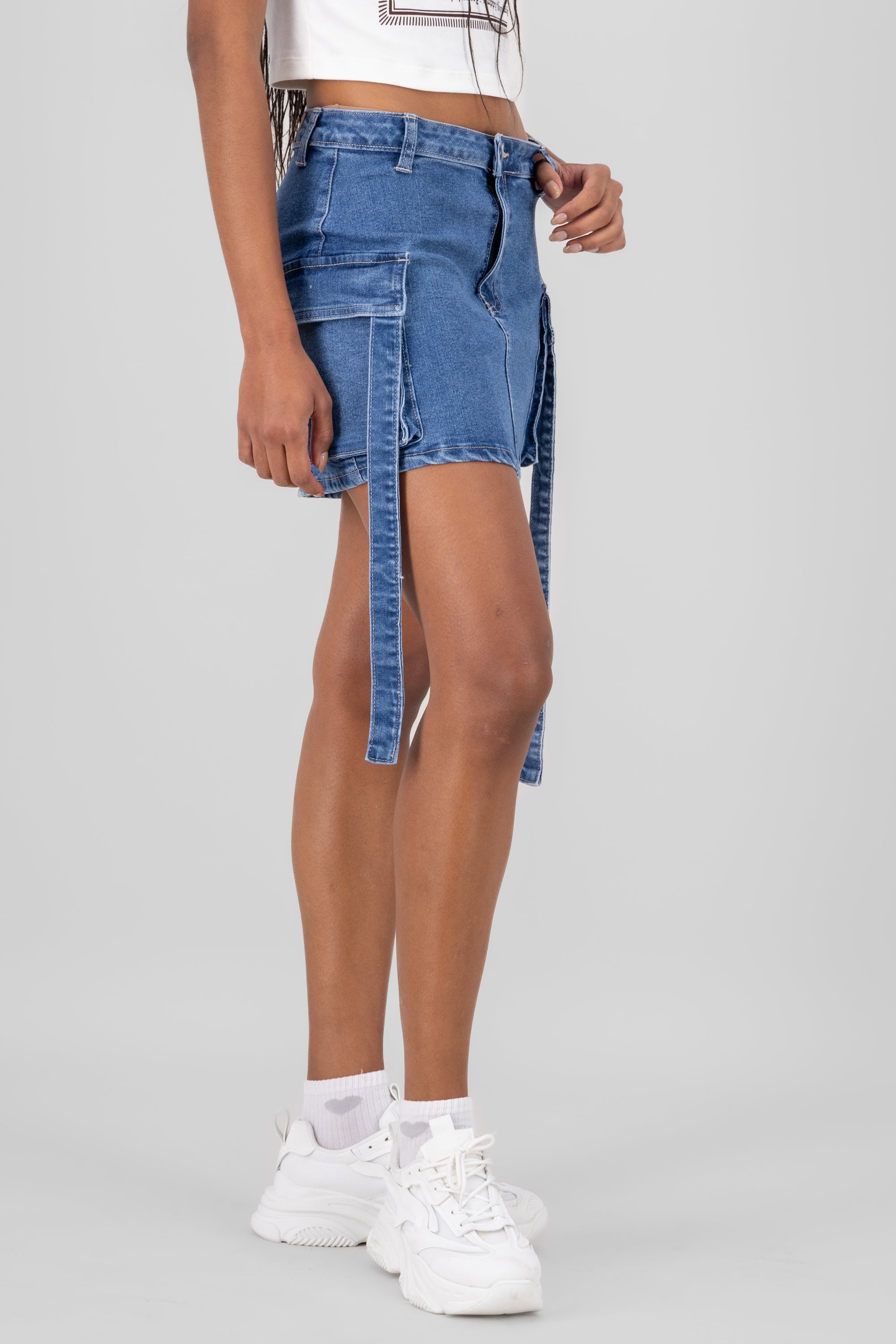 Denim Mini Skirt with Straps Detail MEDIUM STONE