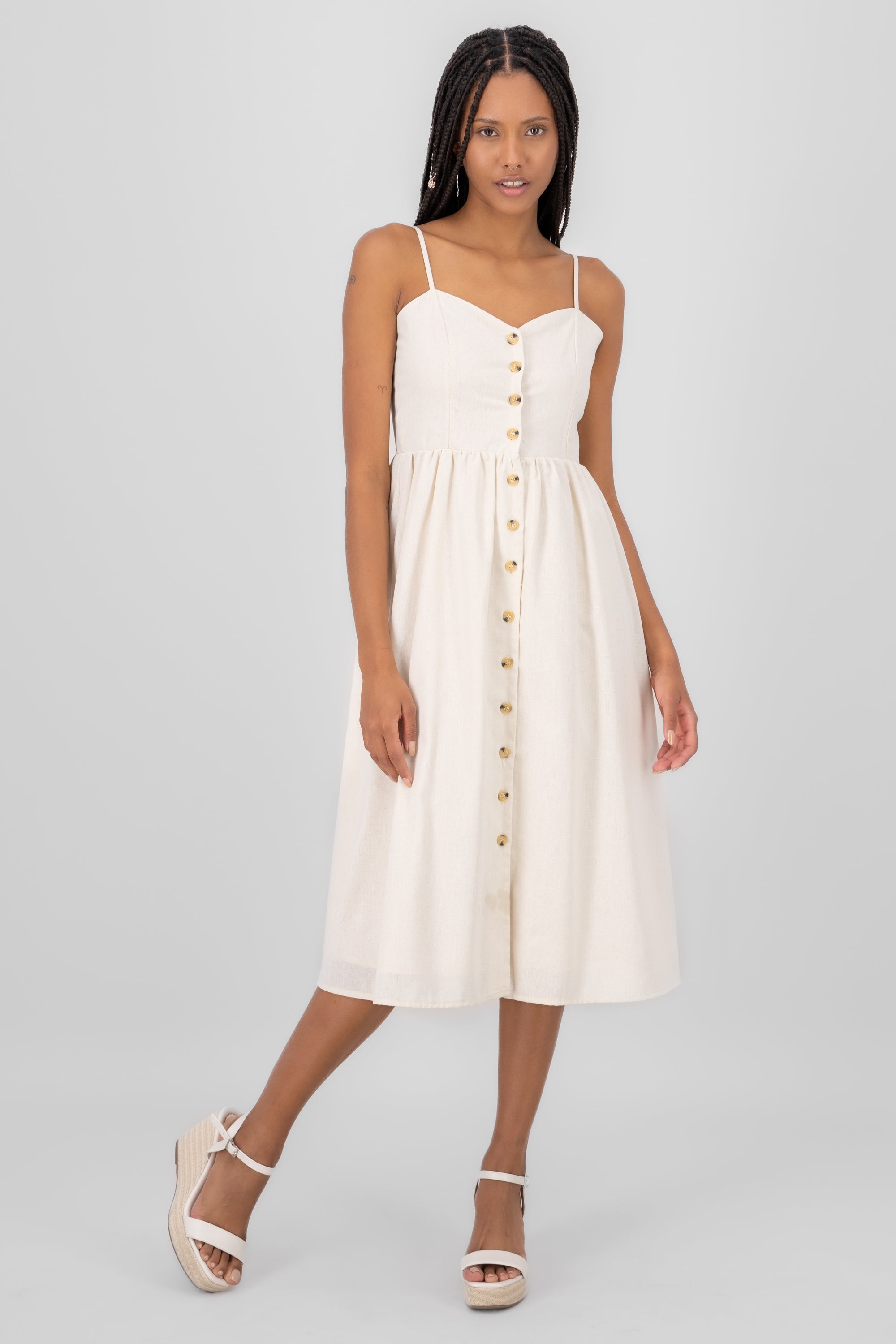 Buttoned Linen Midi Dress SAND