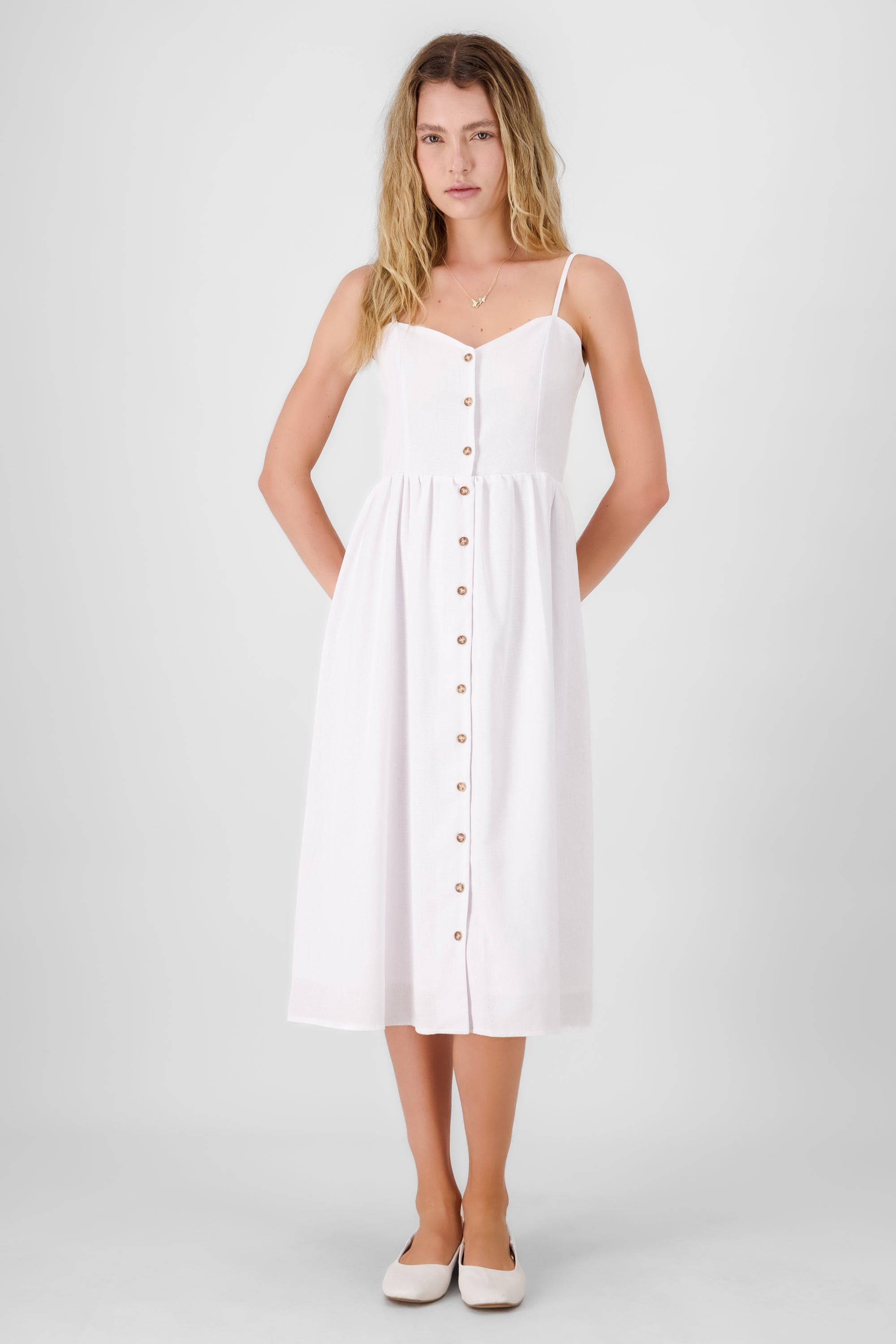 Buttoned Linen Midi Dress WHITE