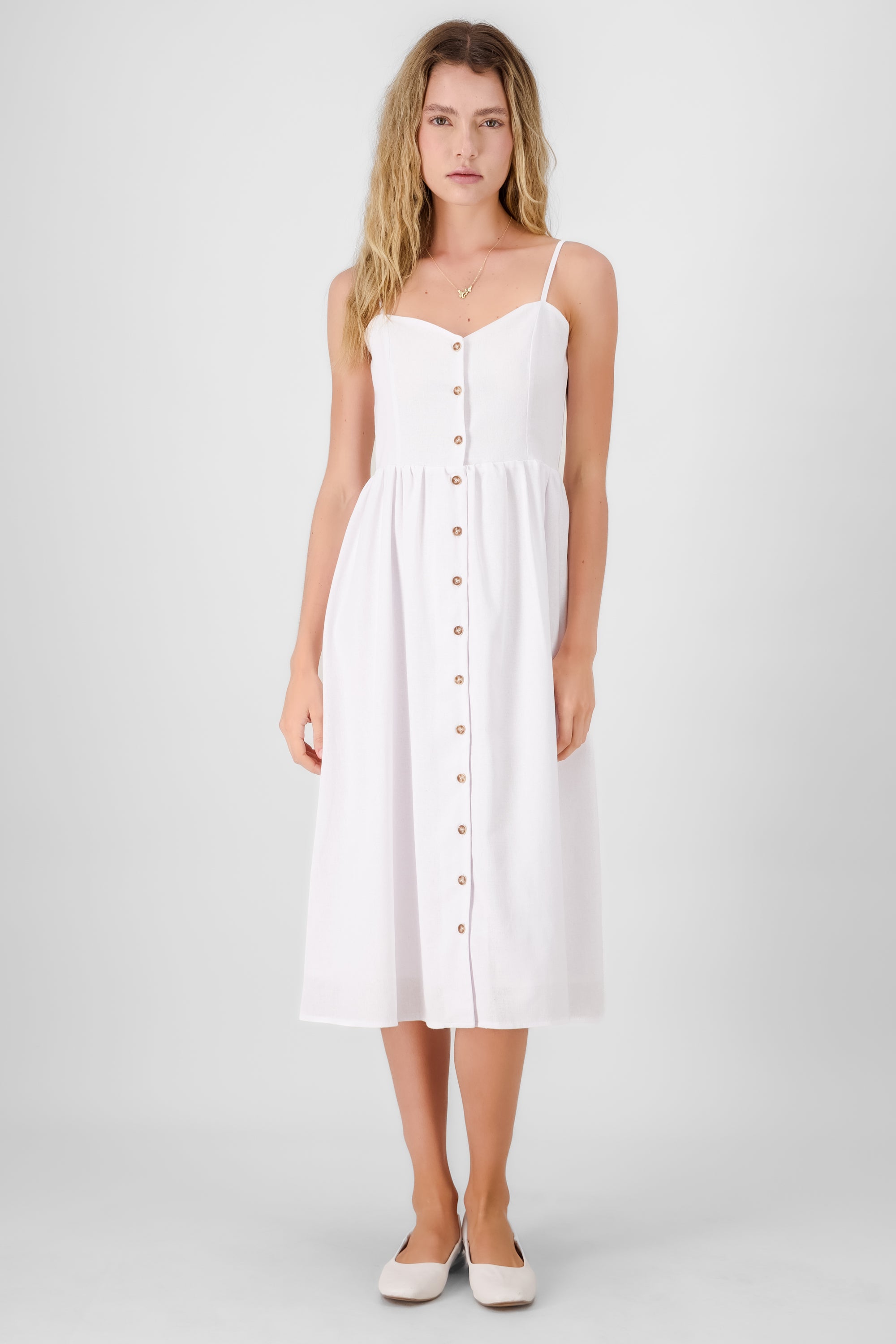 Buttoned Linen Midi Dress WHITE