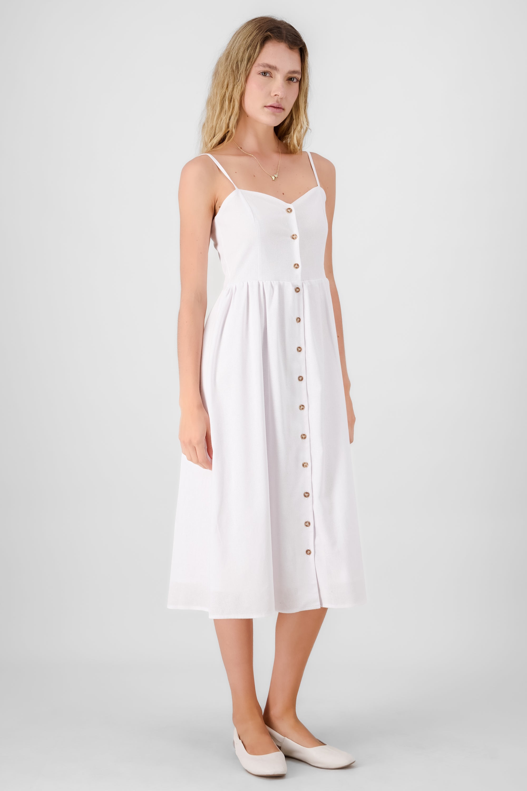 Buttoned Linen Midi Dress WHITE