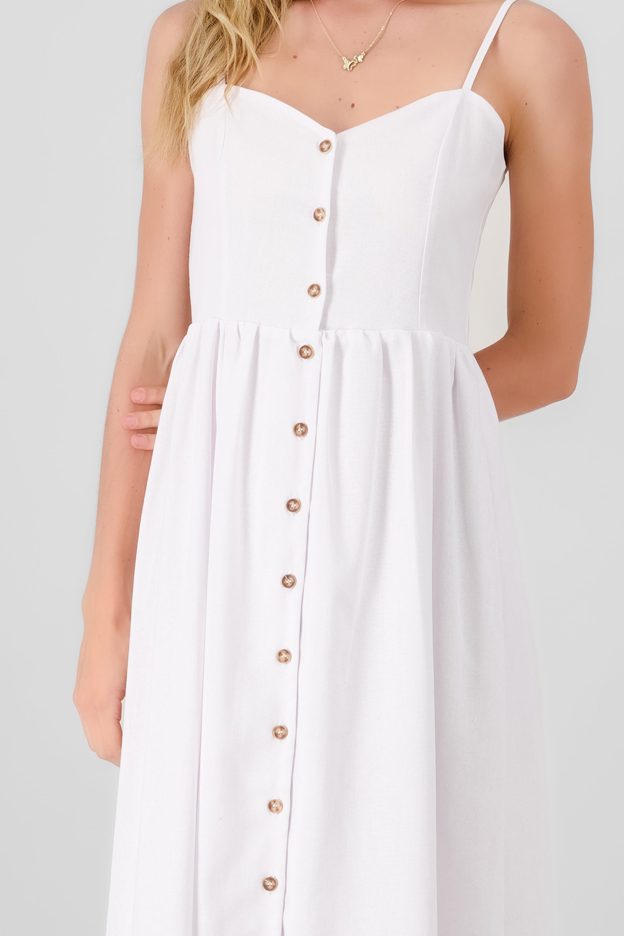 Buttoned Linen Midi Dress WHITE