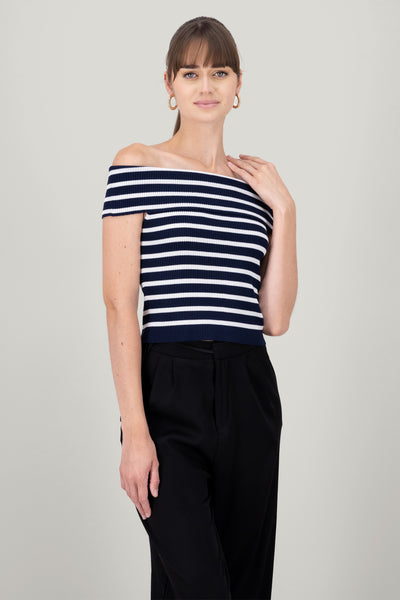 Knitted Striped Off the Shoulder Top NAVY COMBO