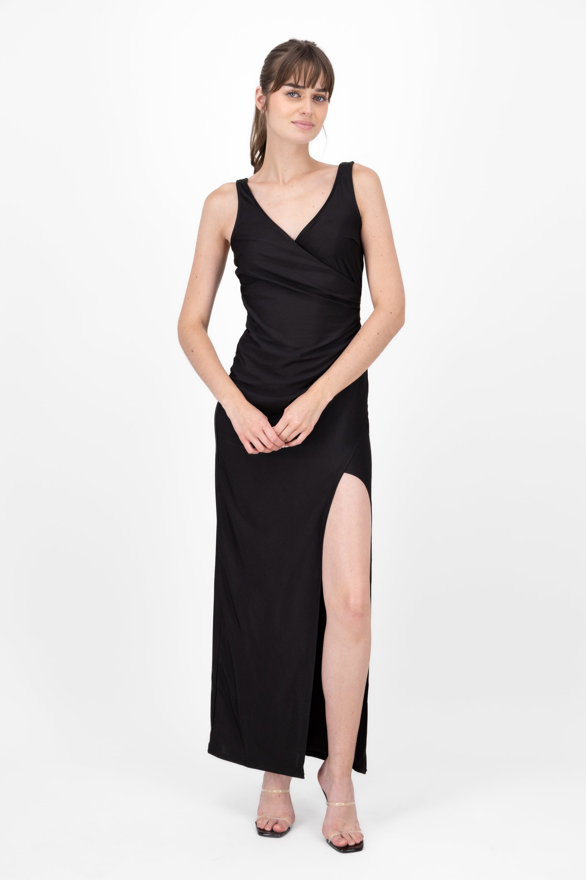 V Neck Draped Long Dress BLACK