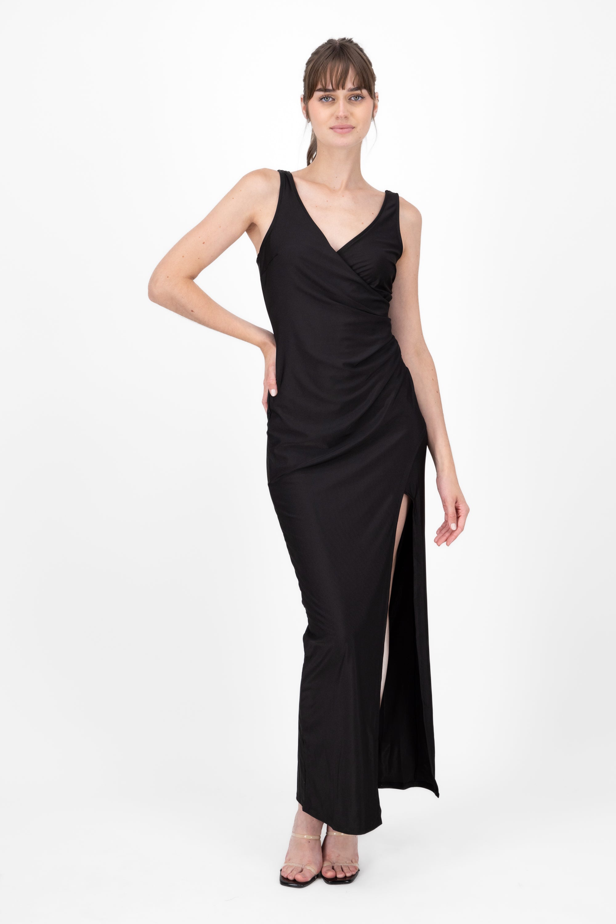 V Neck Draped Long Dress BLACK