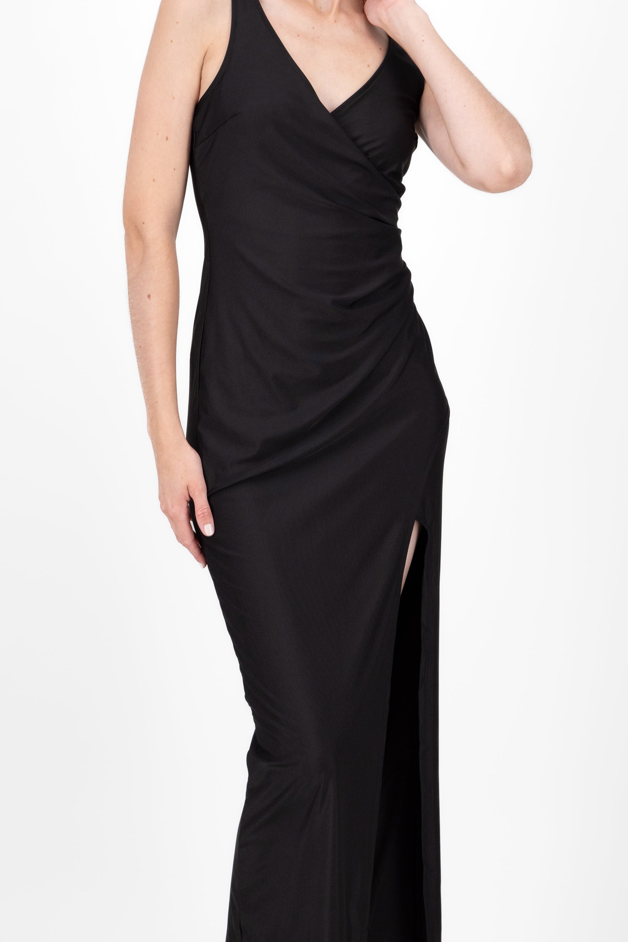 V Neck Draped Long Dress BLACK