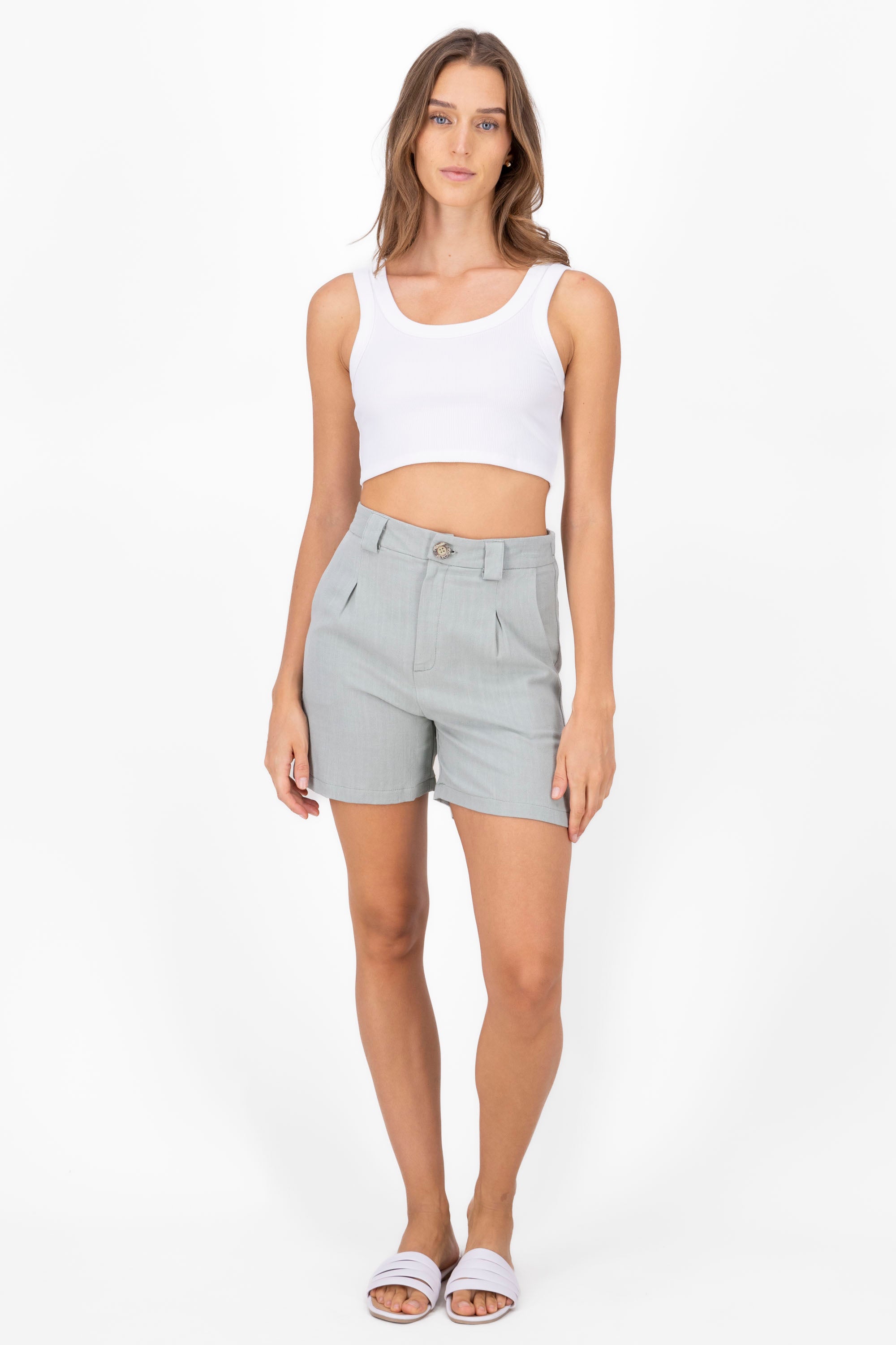 High Waisted Linen Short LIGHT GREEN