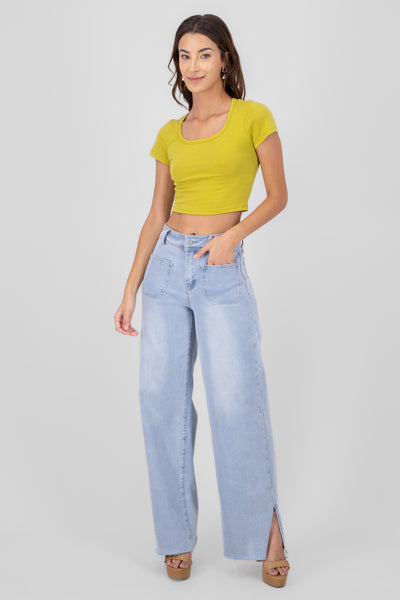 Straight High Waist Jeans With Slits LIGHT WASH