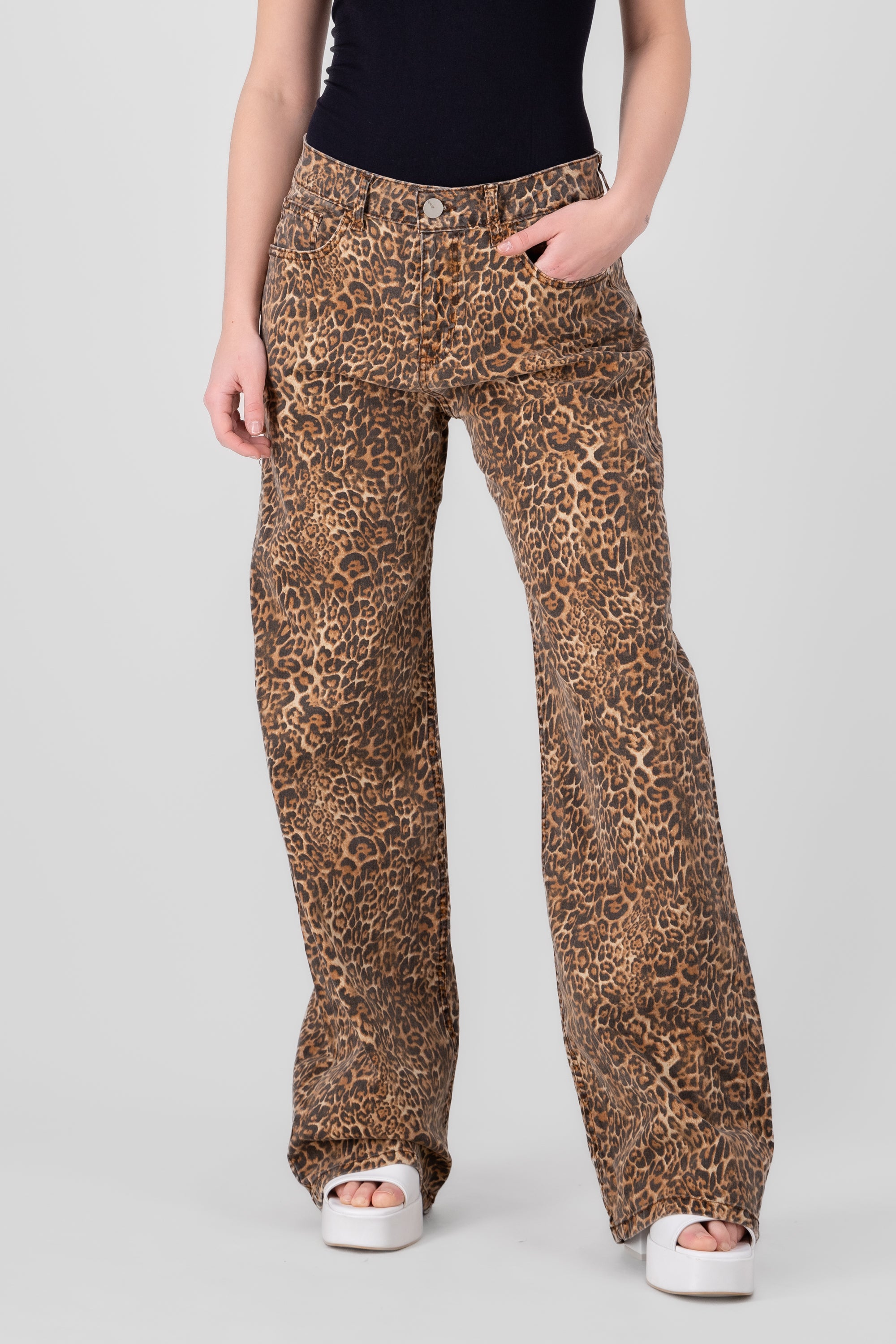 Animal Print Straight Jeans BROWN COMBO