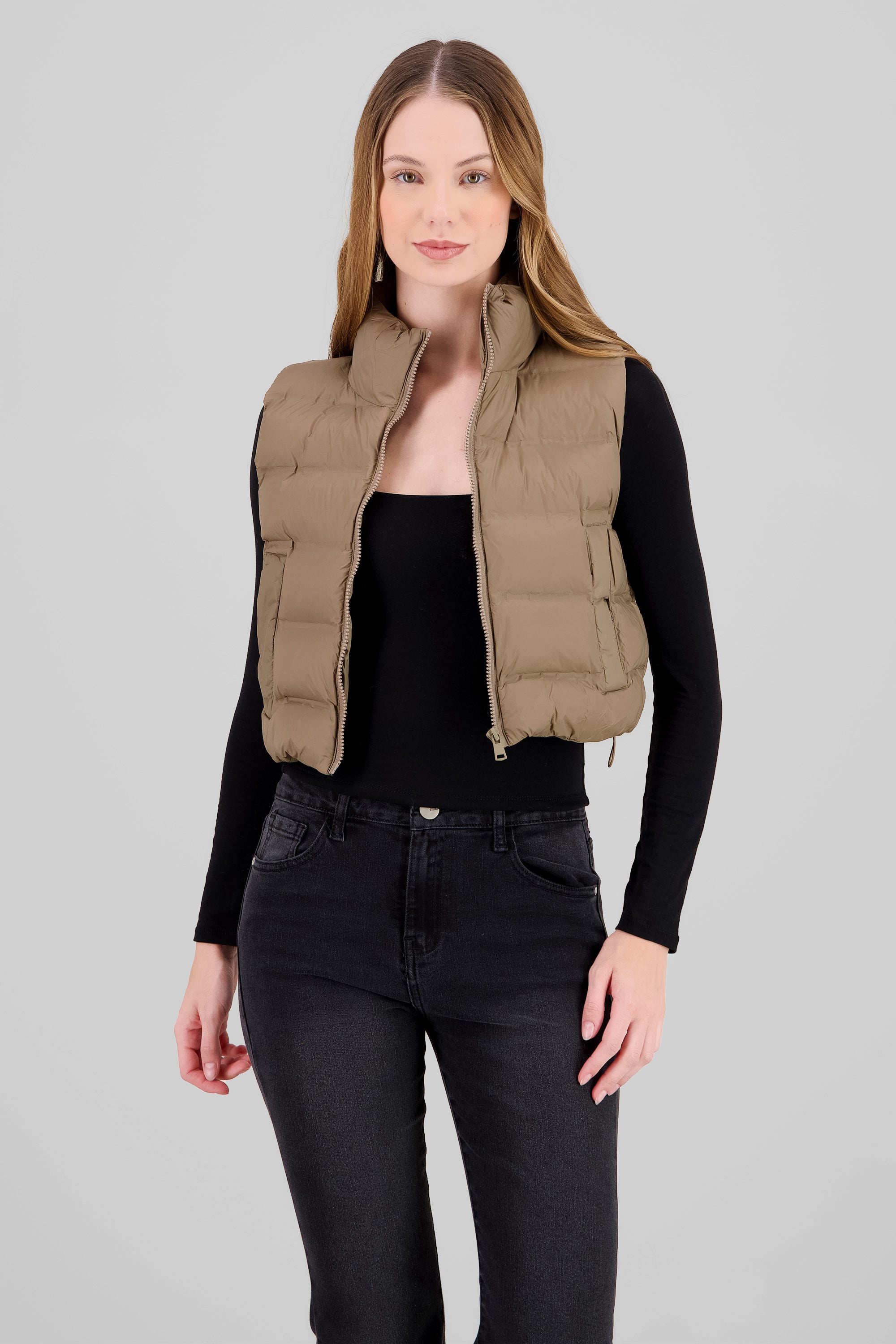 Cropped Quilted Vest BROWN