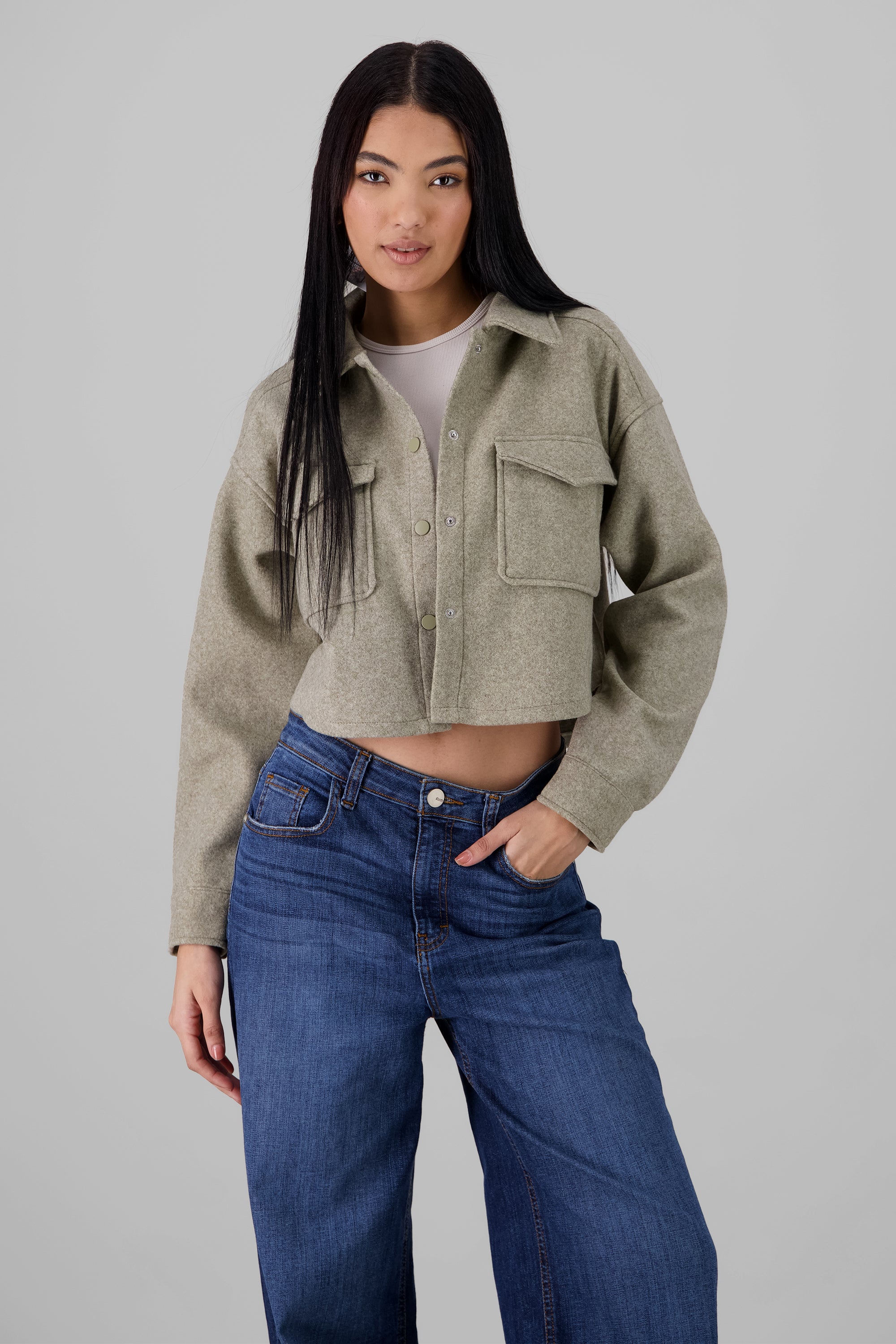 Solid Cropped Jacket OLIVE