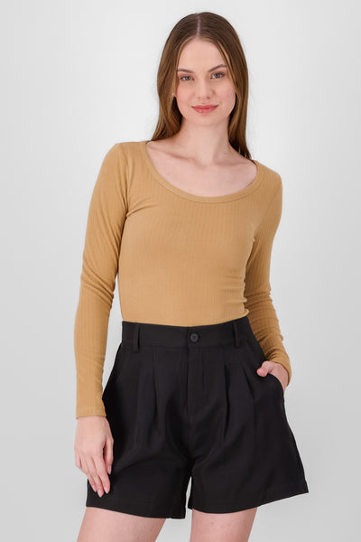 Ribbed Long Sleeve Top KHAKI