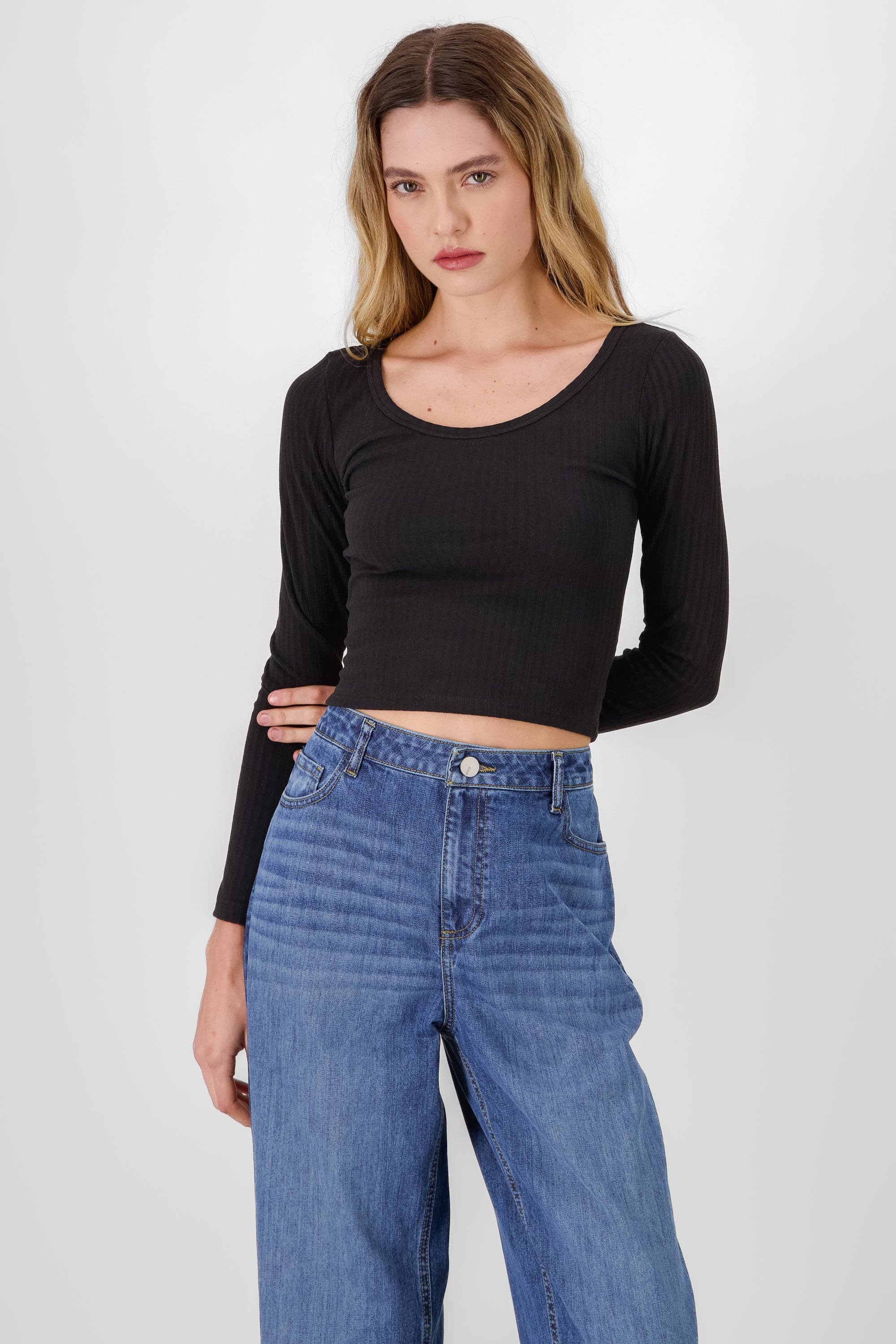 Ribbed Long Sleeve Top BLACK