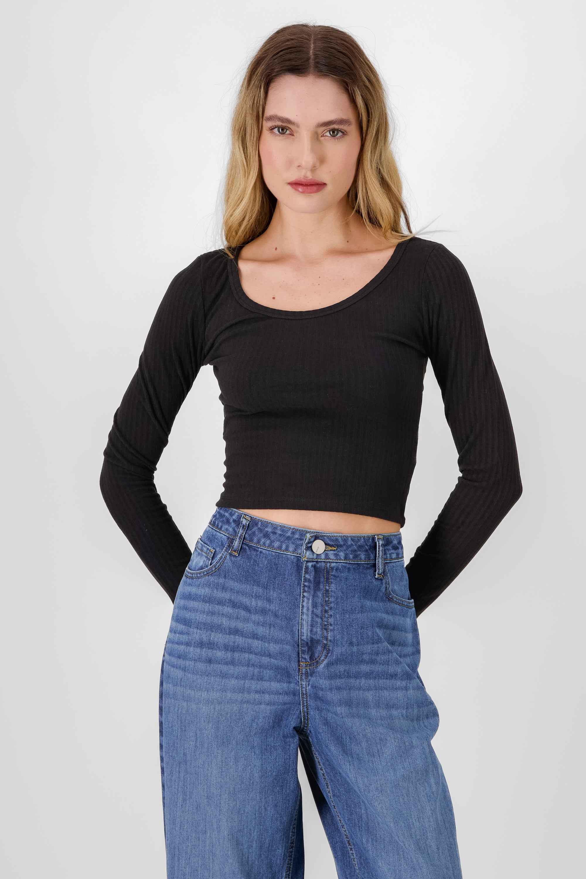 Ribbed Long Sleeve Top BLACK