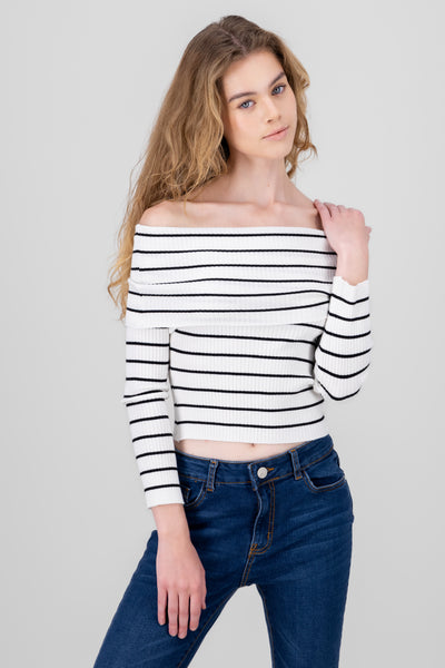 Off the Shoulder Long Sleeve Stripped Top BONE COMBO