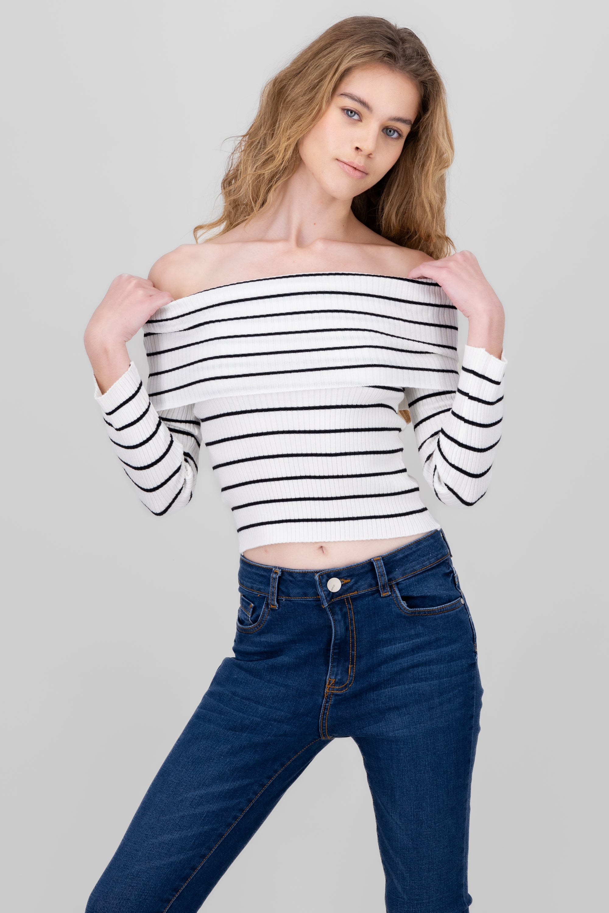 Off the Shoulder Long Sleeve Stripped Top BONE COMBO