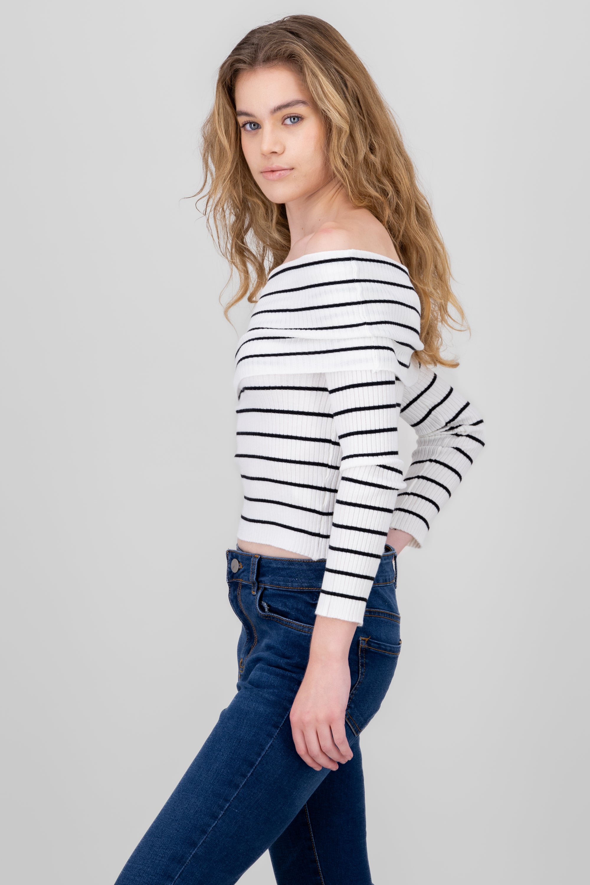 Off the Shoulder Long Sleeve Stripped Top BONE COMBO