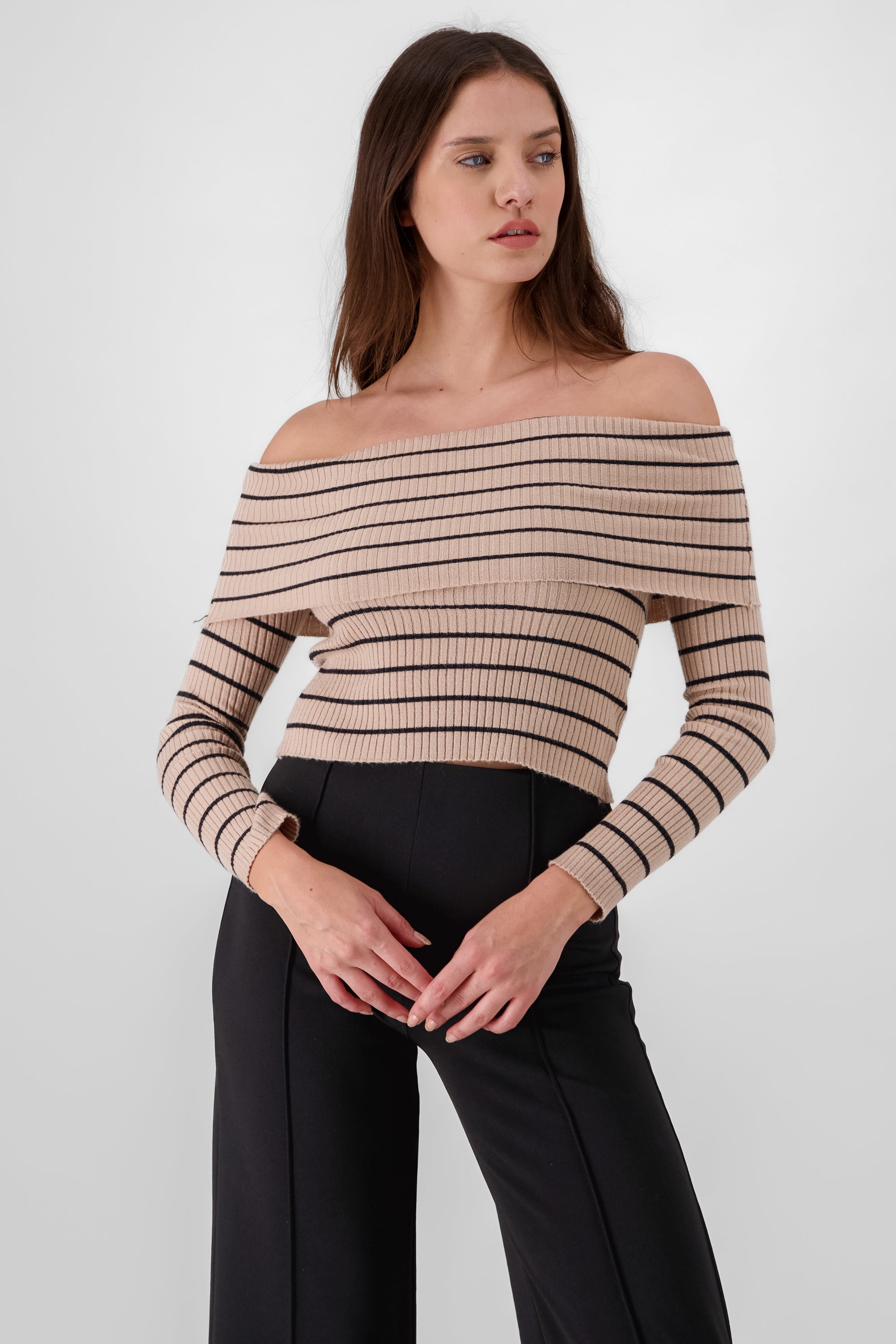 Off the Shoulder Long Sleeve Stripped Top KHAKI COMBO