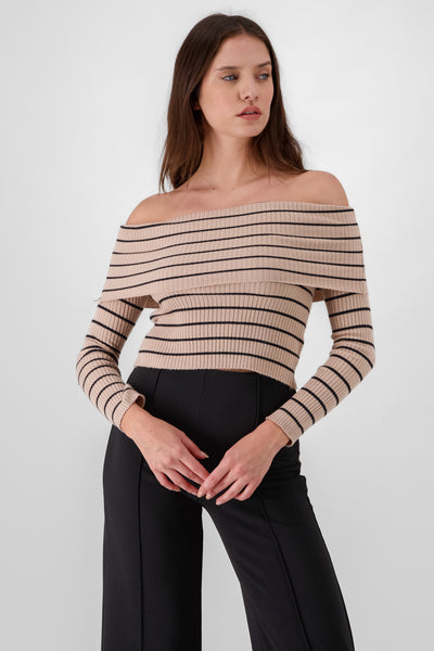 Off the Shoulder Long Sleeve Stripped Top BONE COMBO