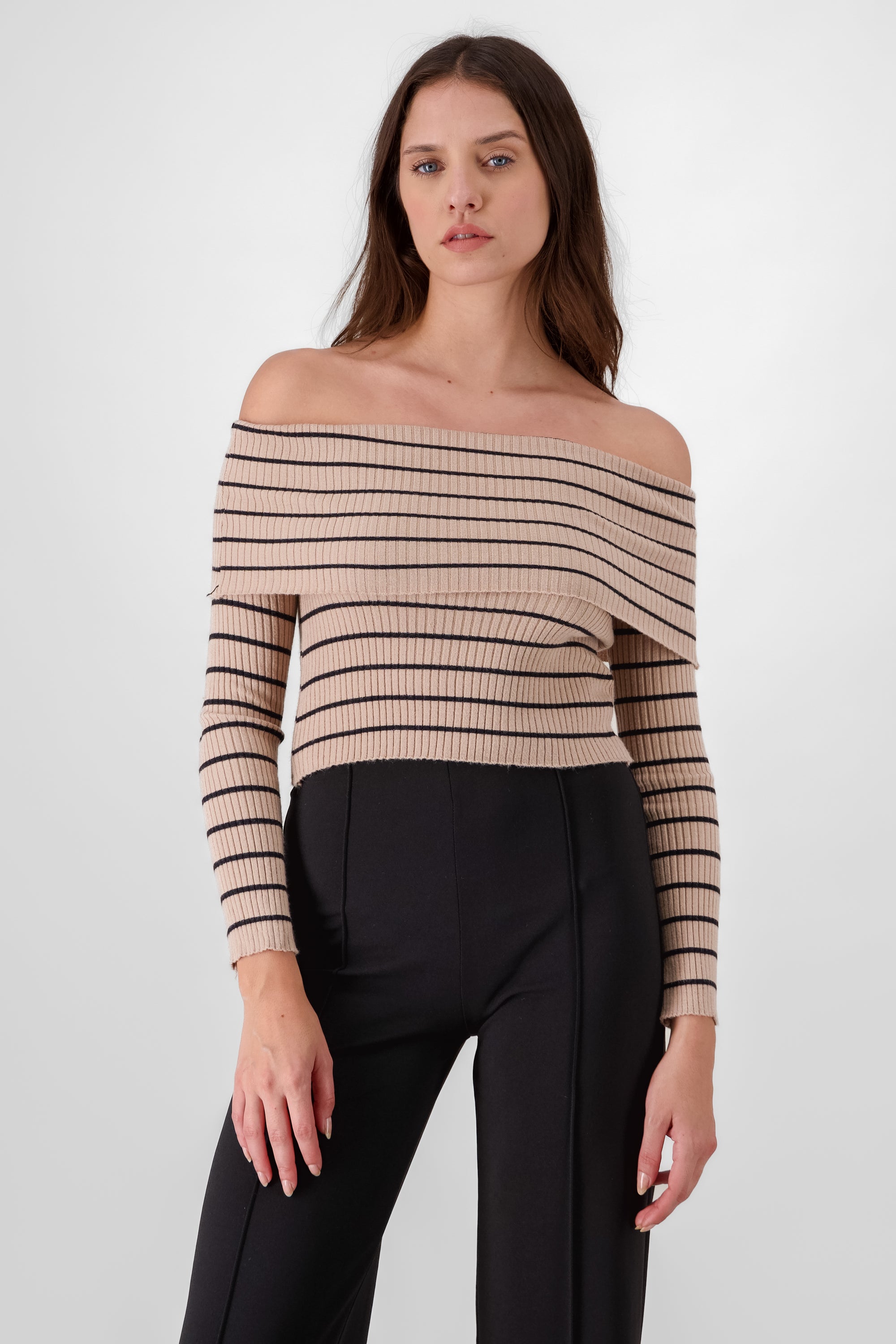 Off the Shoulder Long Sleeve Stripped Top KHAKI COMBO