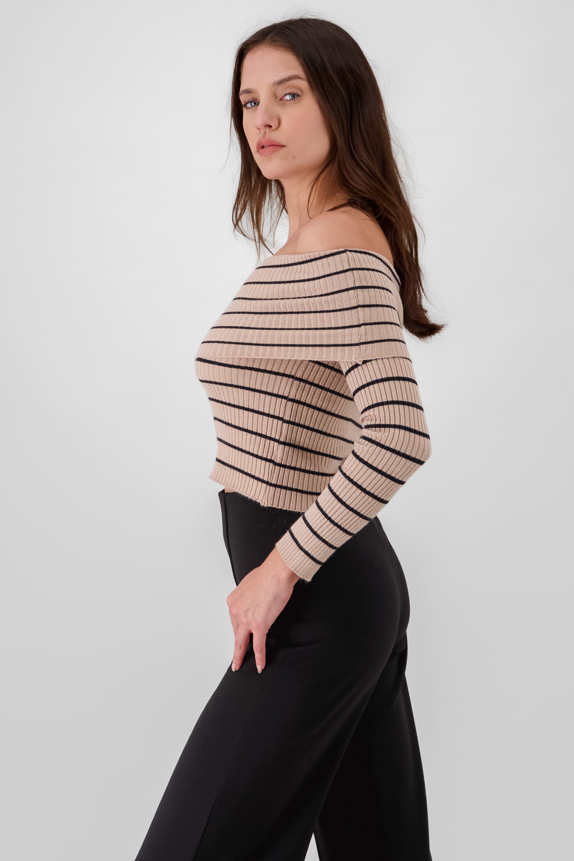 Off the Shoulder Long Sleeve Stripped Top KHAKI COMBO