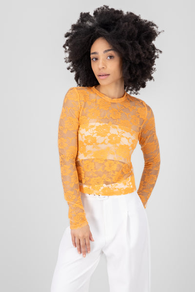 Rose Mesh Long Sleeve Top BRIGHT ORANGE