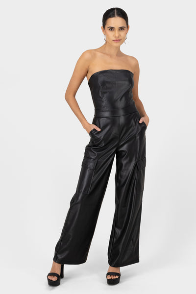 Faux Leather Tub Top Jumpsuit BLACK