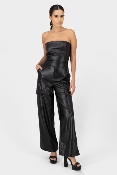 Faux Leather Tub Top Jumpsuit BLACK