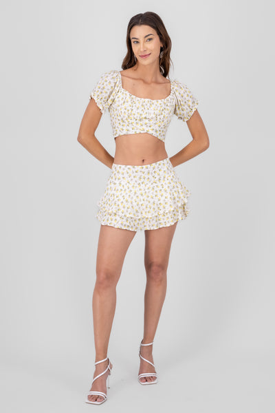 Lemon Print Ruffle Skirt YELLOW COMBO