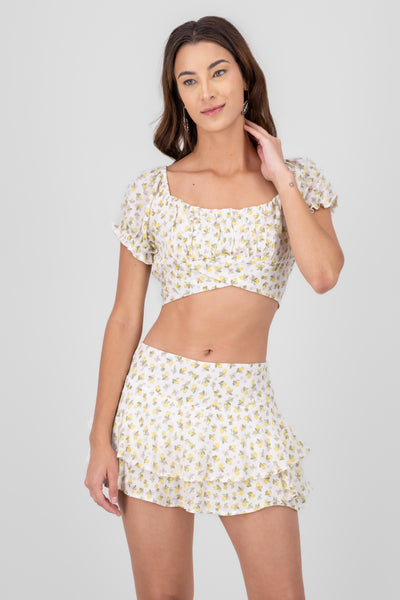 Lemon Print Puff Sleeve Top YELLOW COMBO