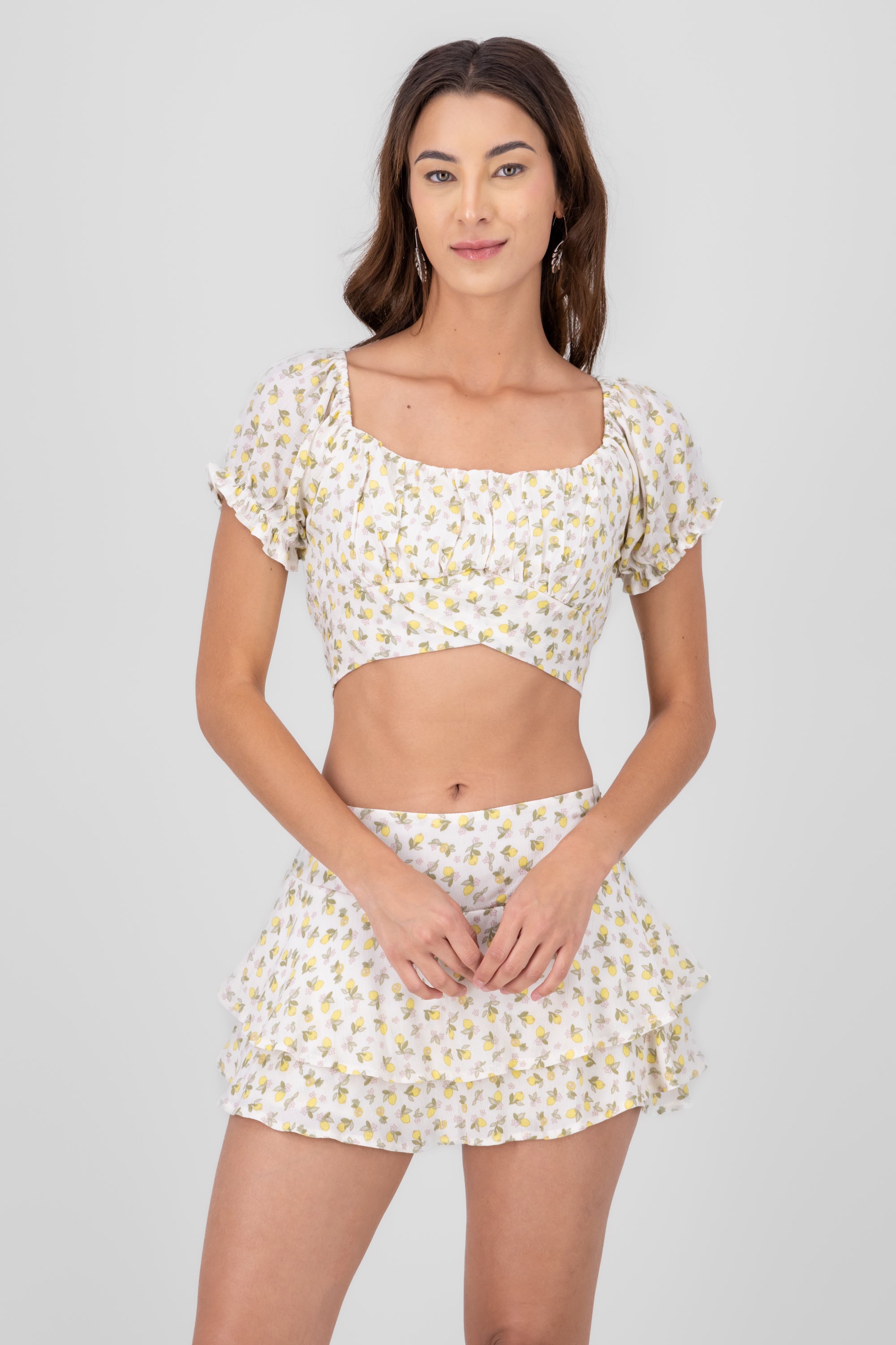 Lemon Print Puff Sleeve Top YELLOW COMBO