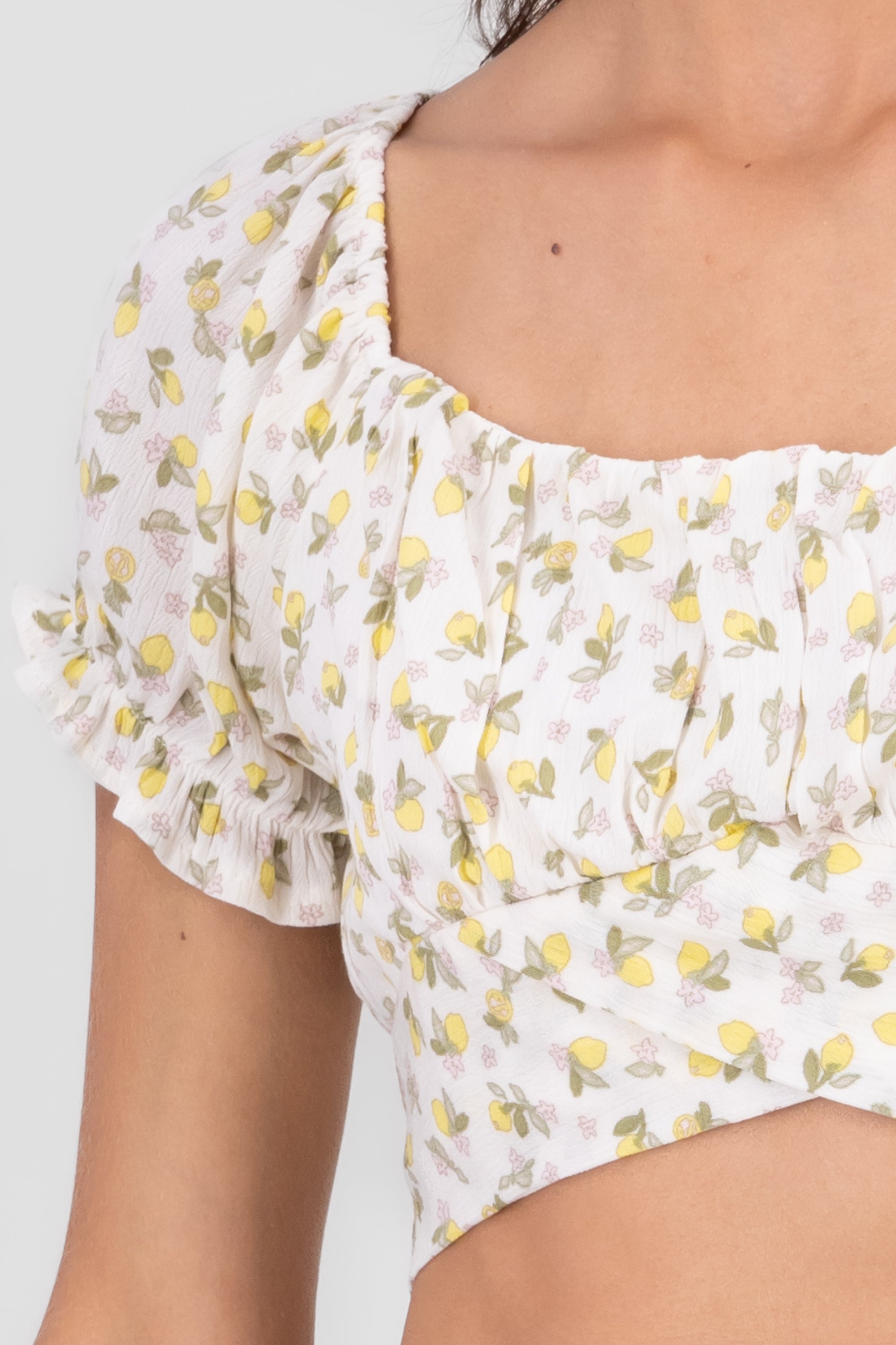 Lemon Print Puff Sleeve Top YELLOW COMBO