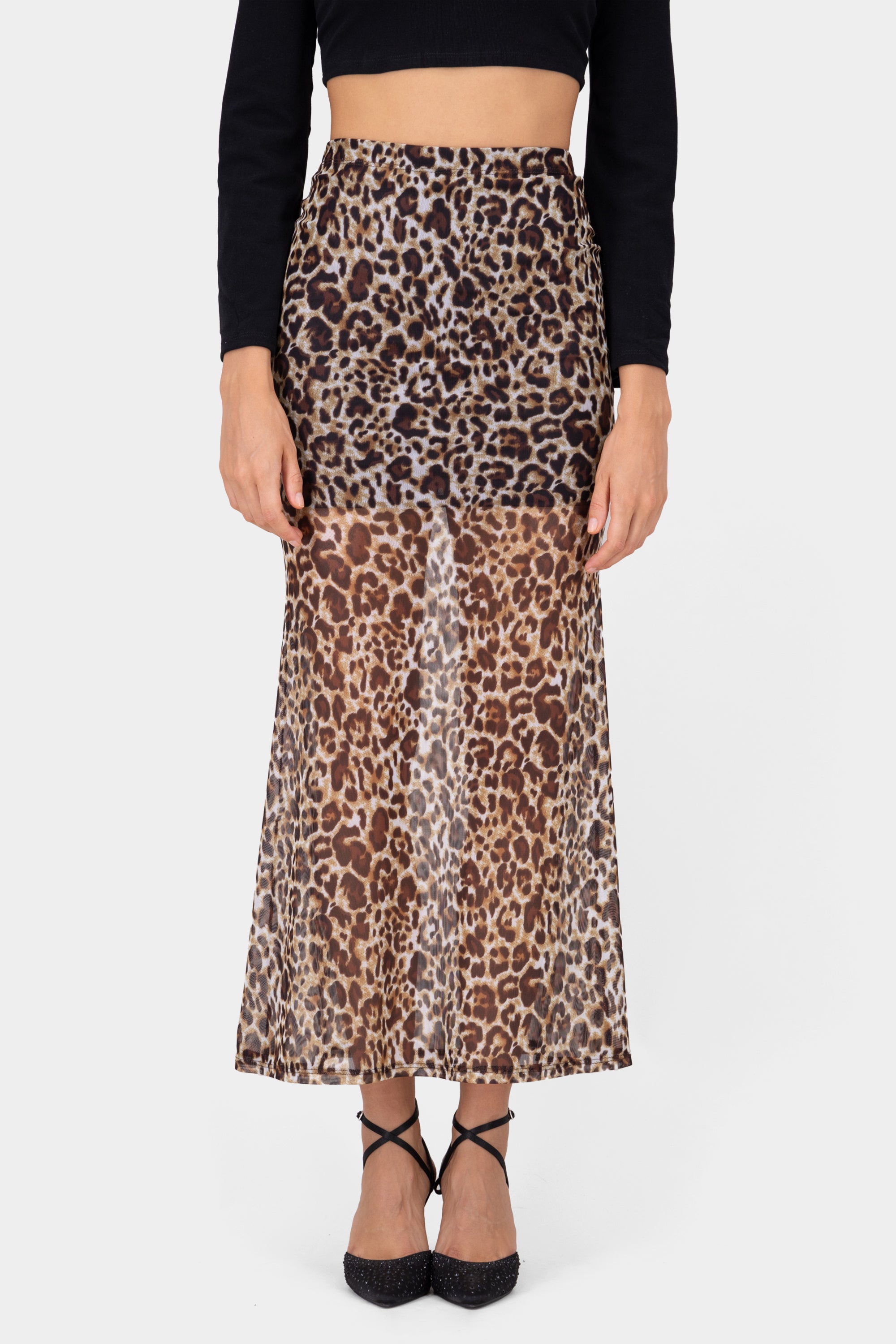 Animal Print Transparent Maxi Skirt BROWN COMBO