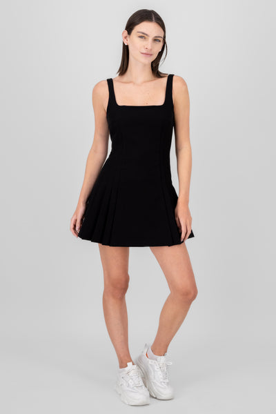 Square Neck Pleated Mini Dress BLACK