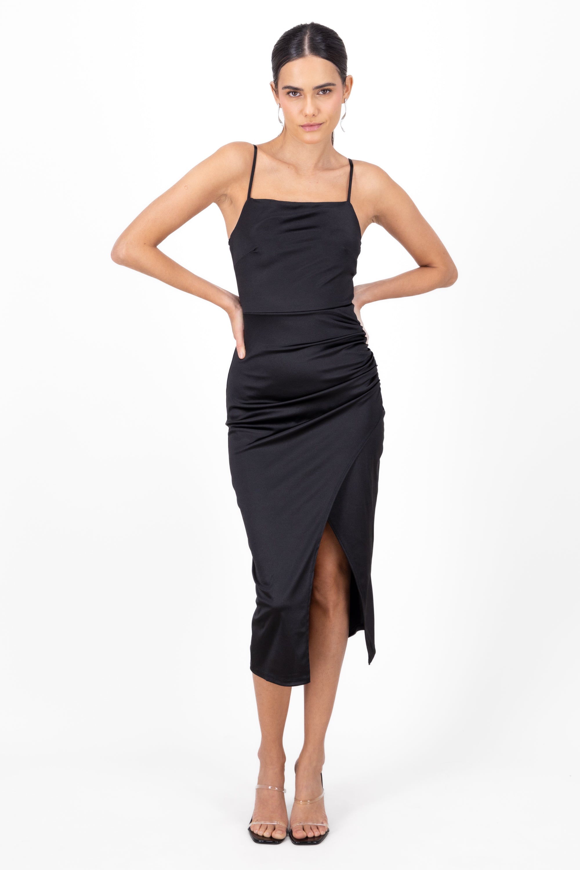 Casacade Neck Dress With Slit BLACK