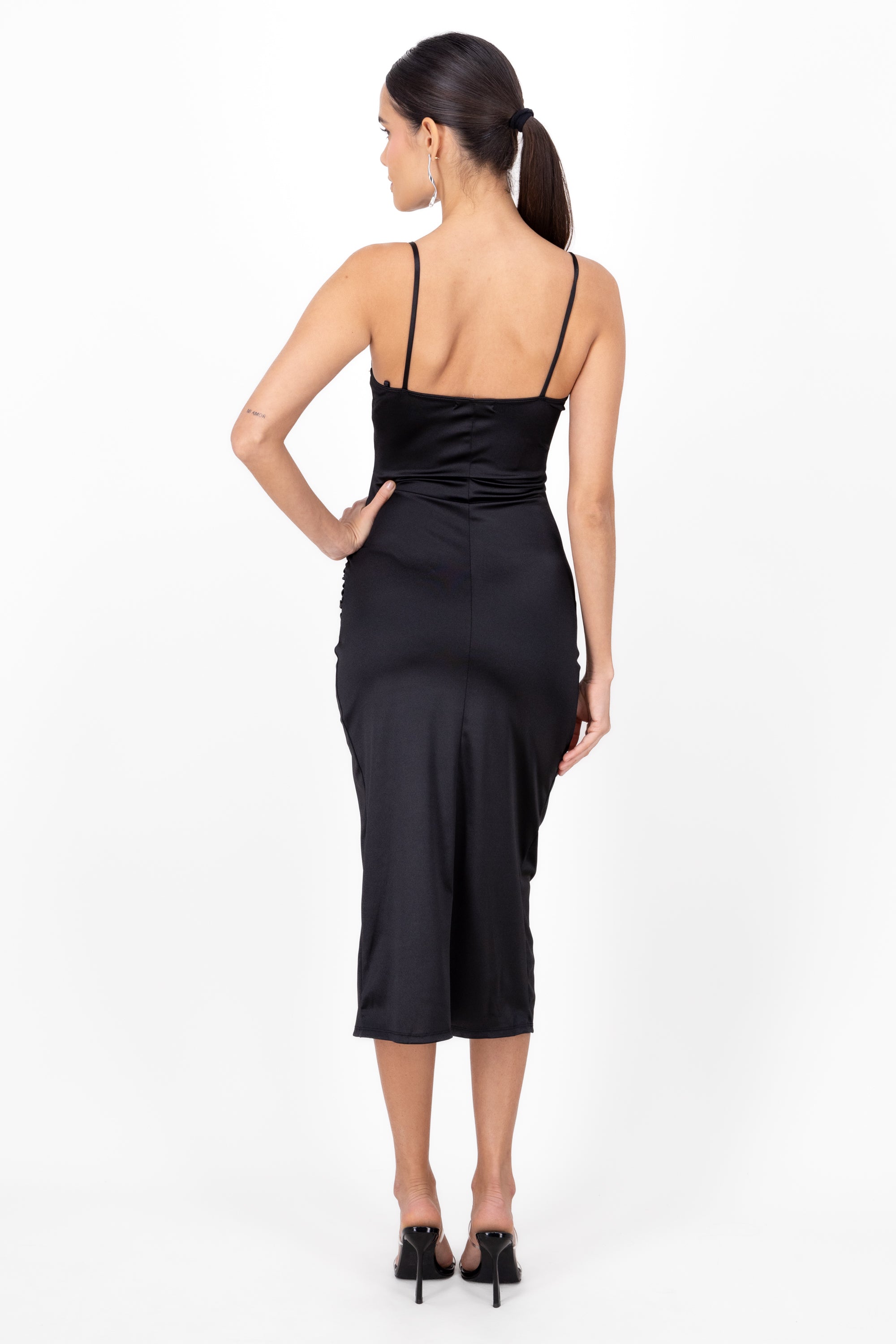 Casacade Neck Dress With Slit BLACK