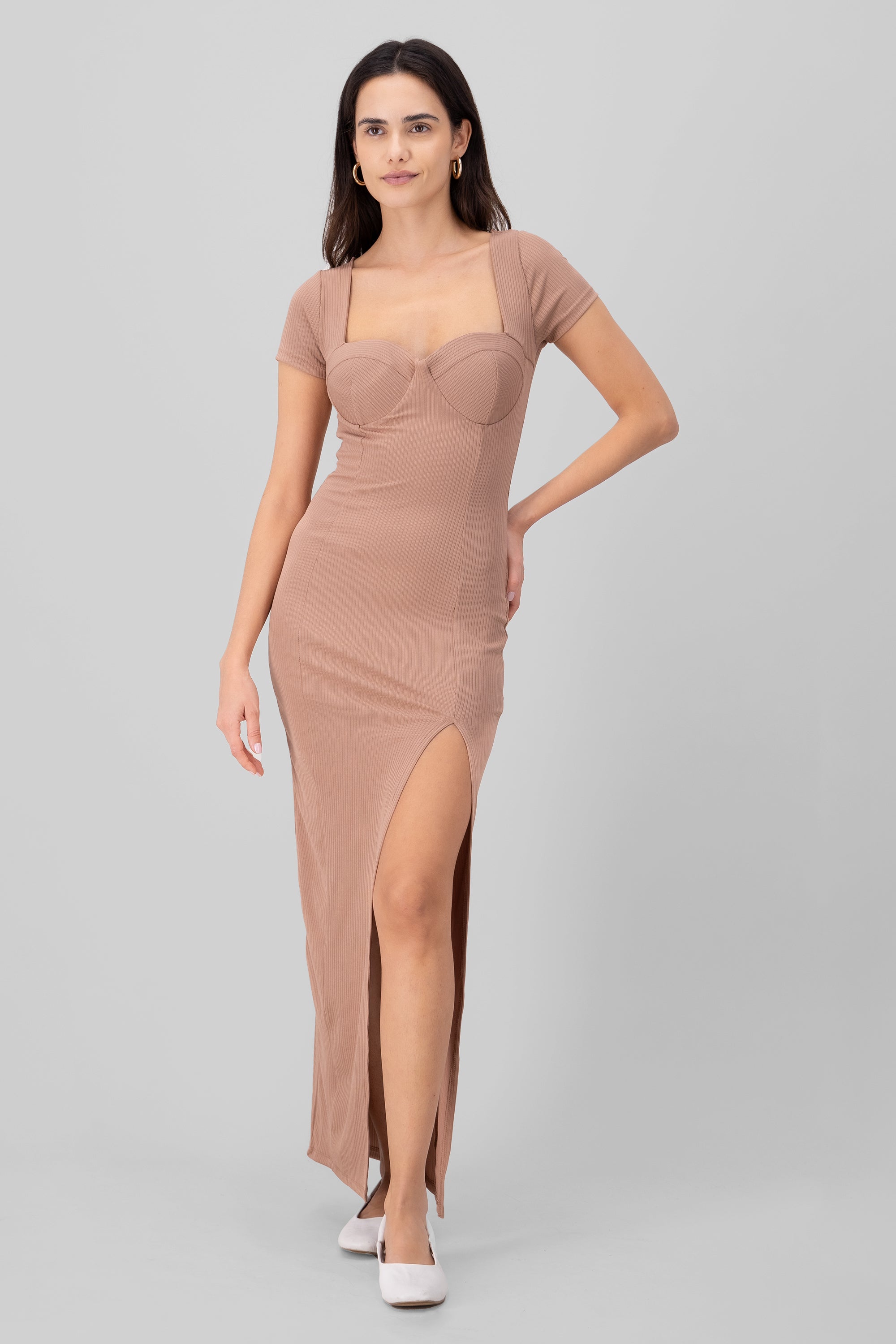 Short Sleeve Bustier Maxi Dress TAN