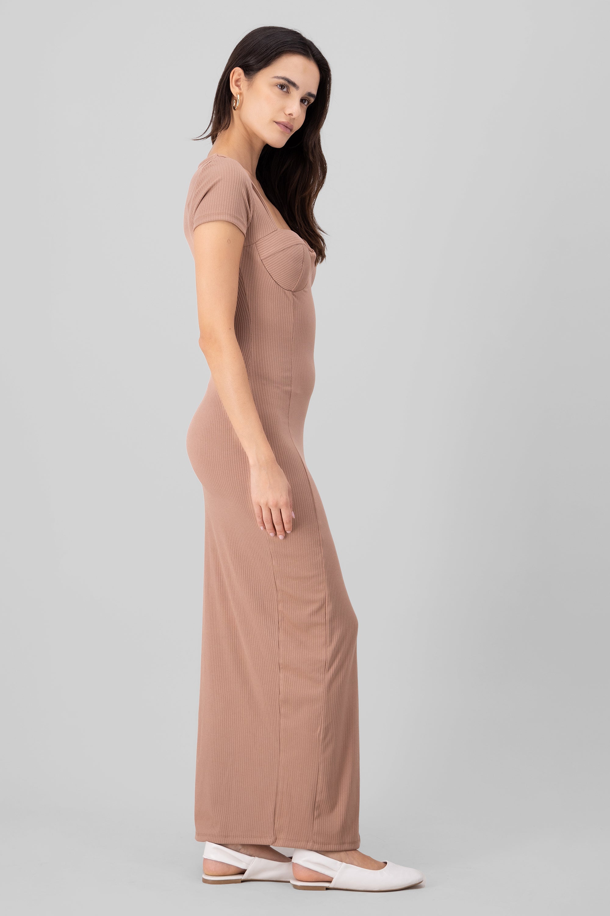 Short Sleeve Bustier Maxi Dress TAN