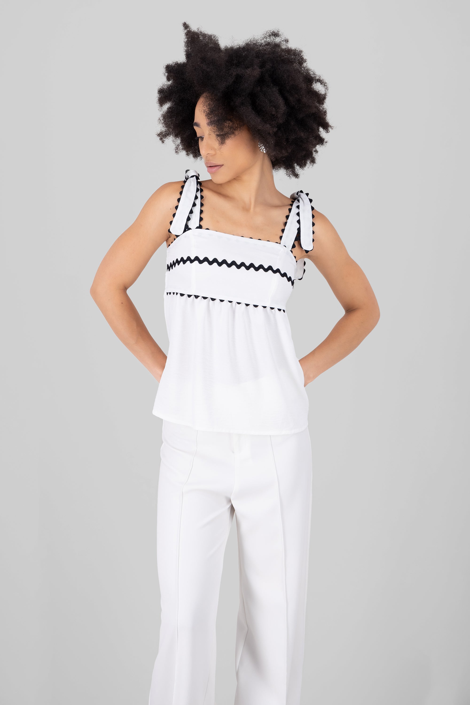 Tie Strap Contrast Detail Top WHITE COMBO