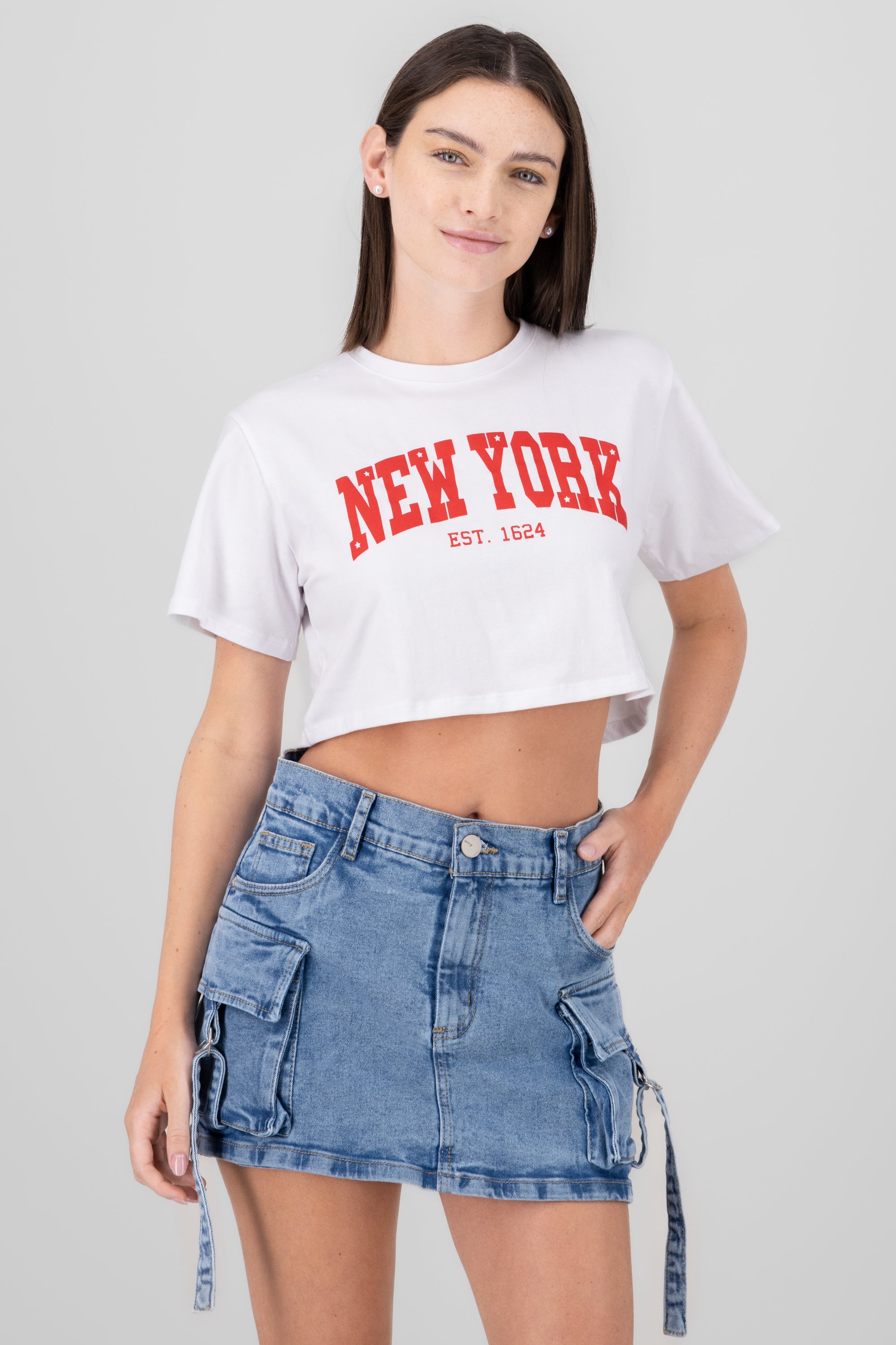 New York Graphic Cropped T Shirt RED COMBO