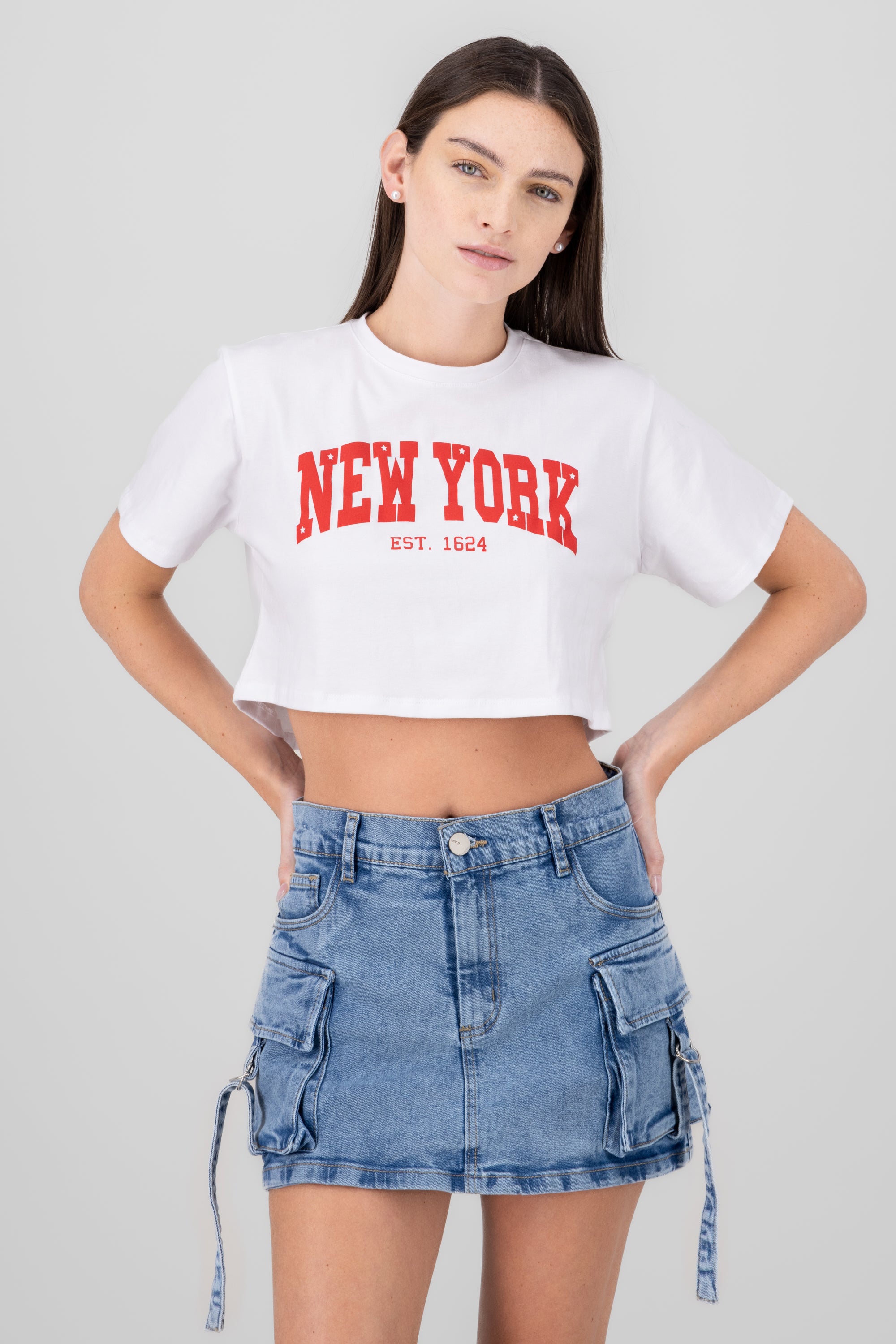 New York Graphic Cropped T Shirt RED COMBO