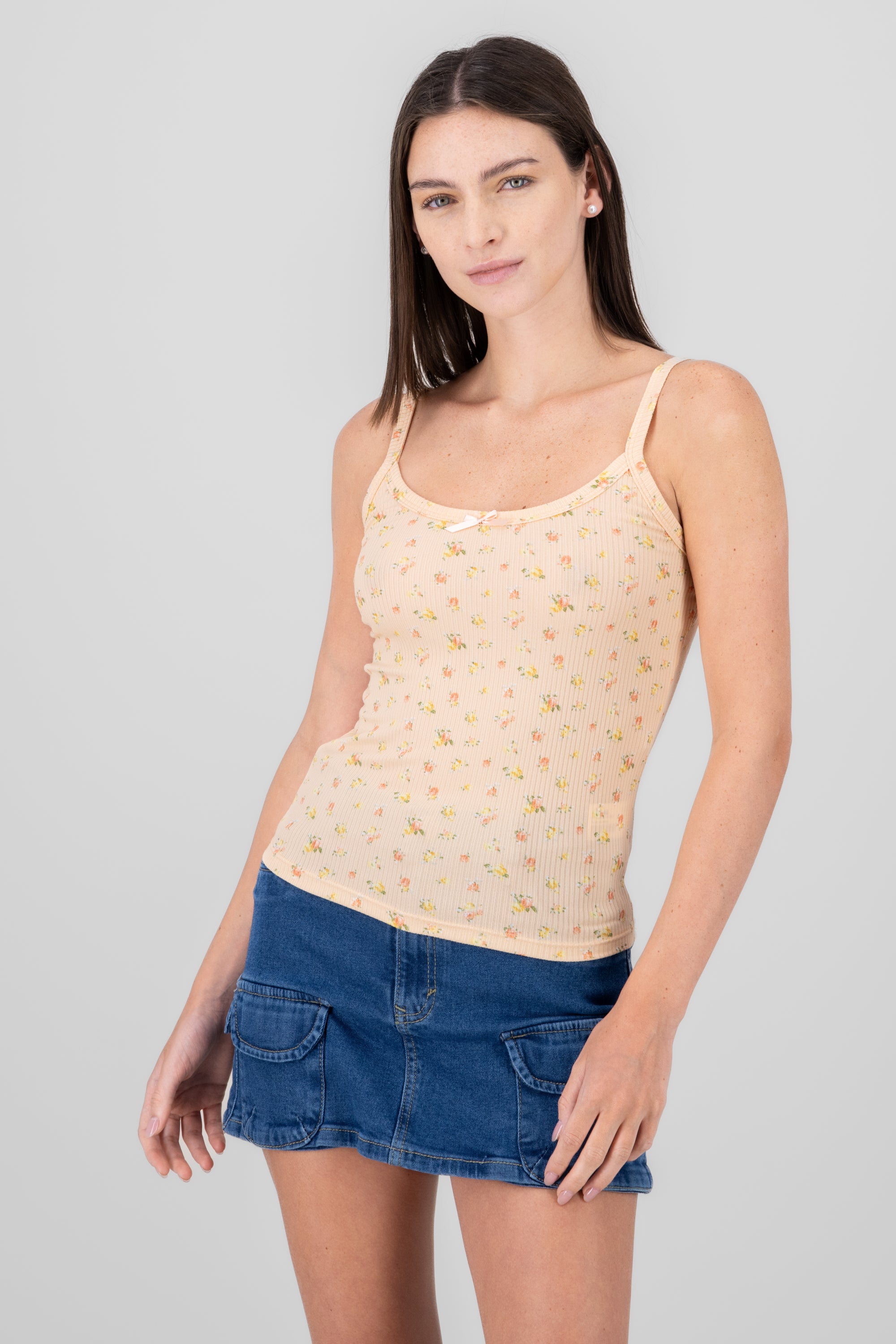 Floral Rib Cami Top PEACH