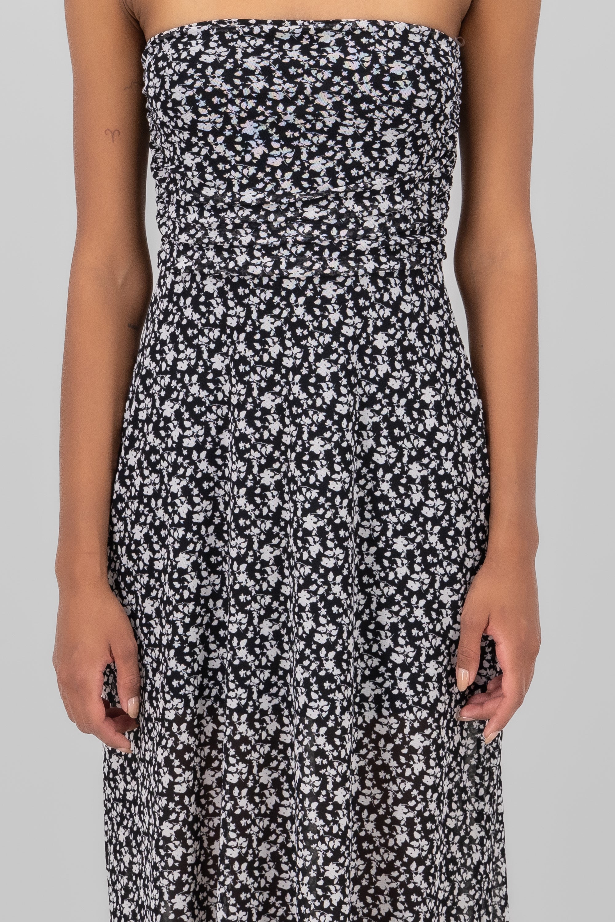 Floral Mesh Drapped Dress BLACK COMBO