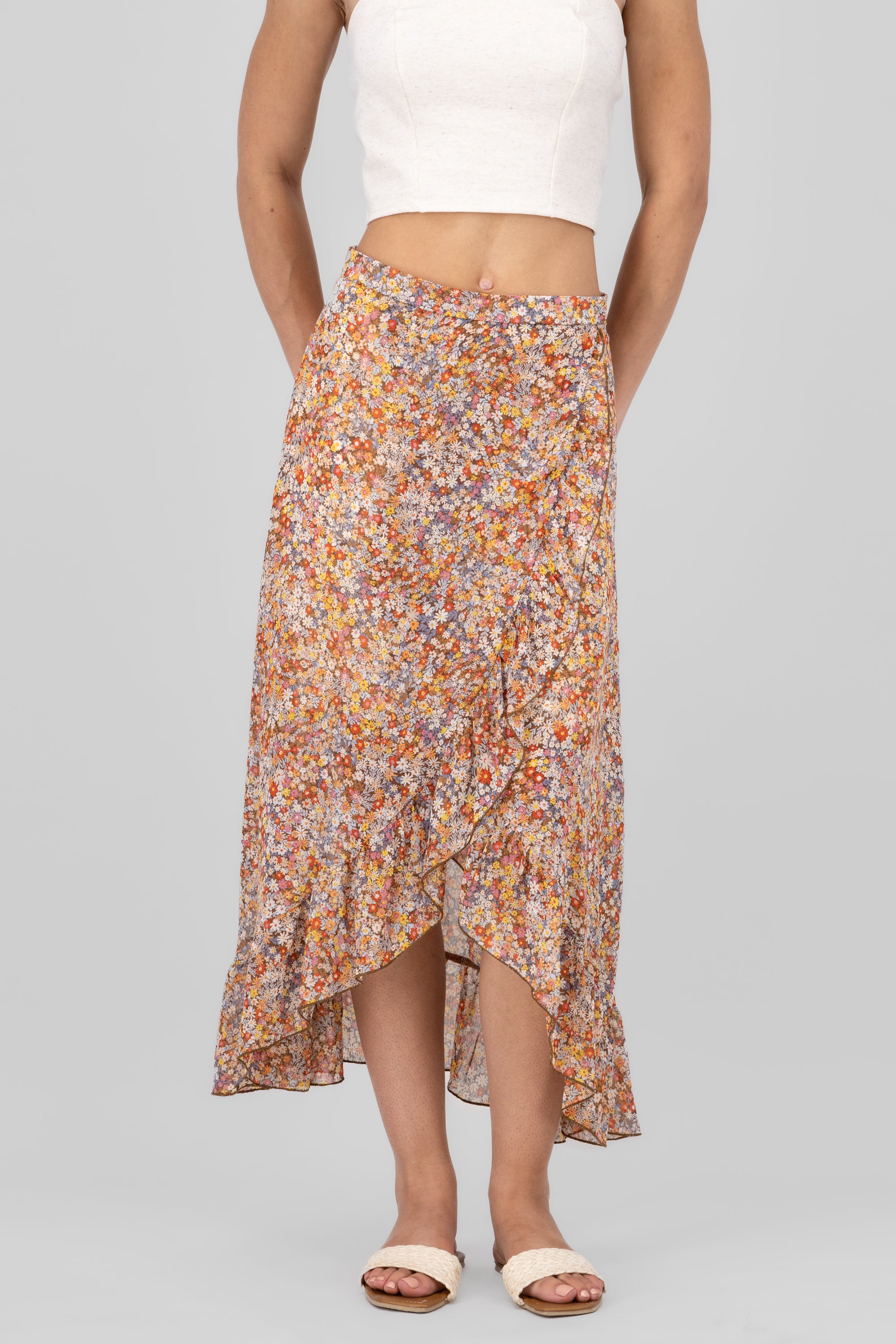 Midi Wrap Floral Skirt BROWN COMBO