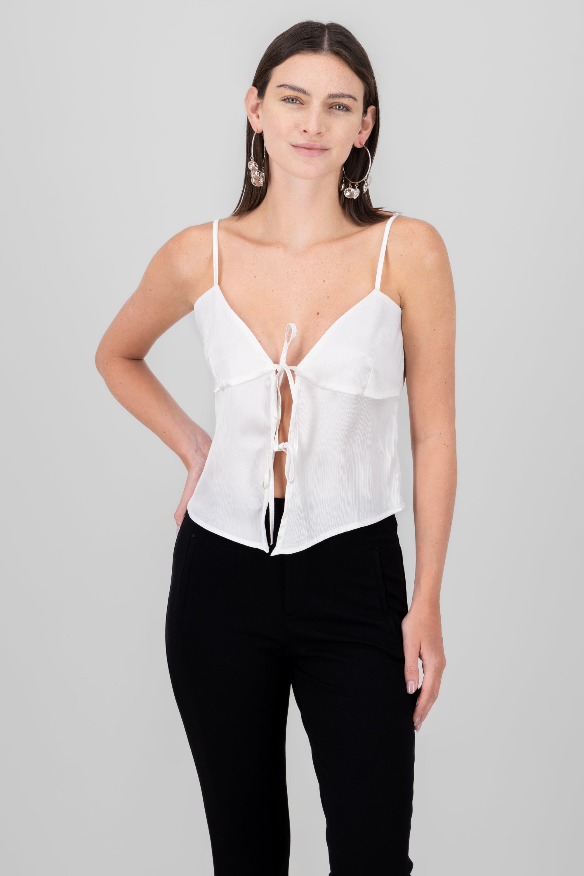 Tie Front Cropped Cami Top WHITE